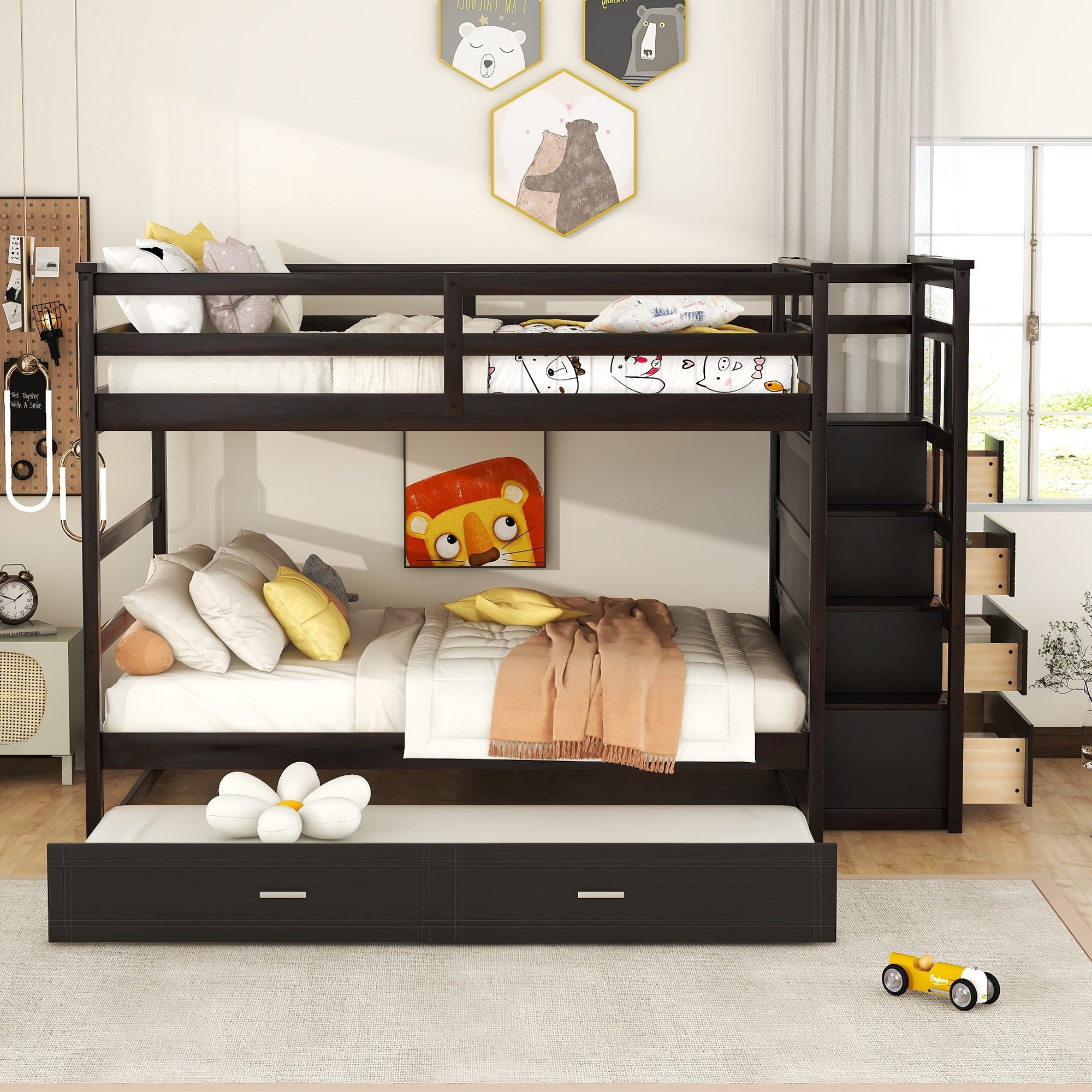 Full Over Full Bunk Bed with Twin Size Trundle and Staircase, Espresso