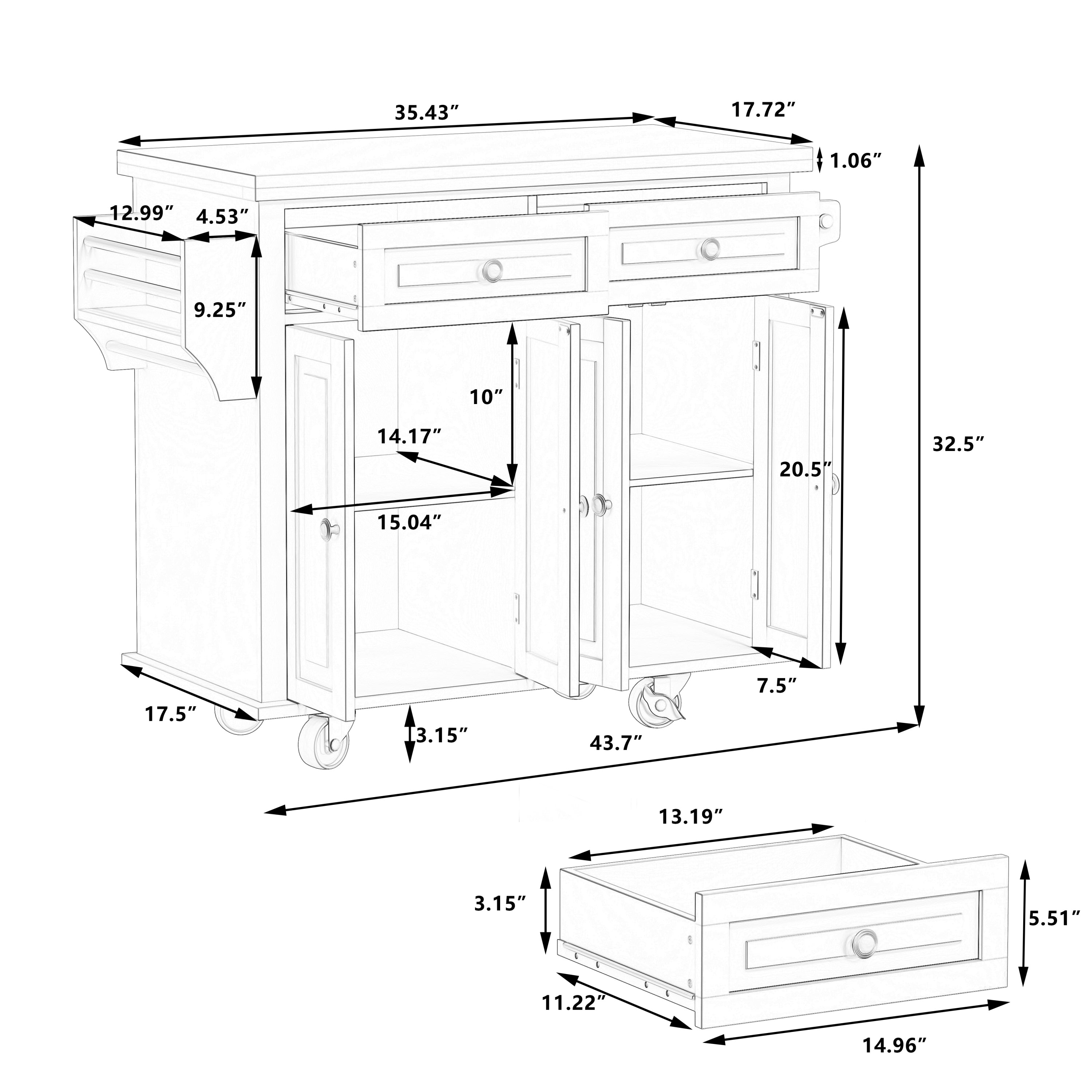 Kitchen Island Cart with Two Storage Cabinets and Two Locking Wheels,43.31 Inch Width,4 Door Cabinet and Two Drawers,Spice Rack, Towel Rack(White)