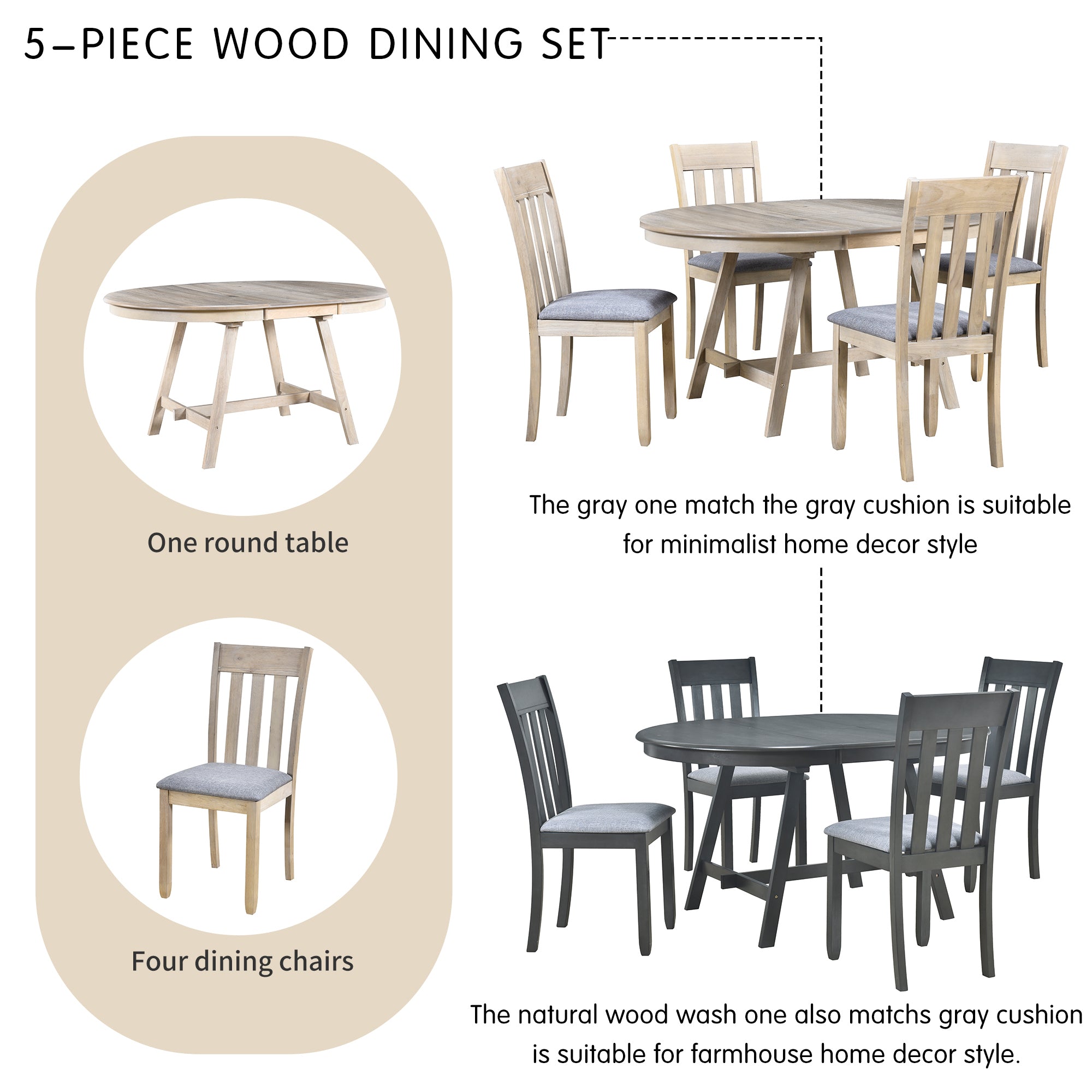 TREXM 5-Piece Wood Dining Table Set Round Extendable Dining Table with 4 Dining Chairs, Dining Room Table Set for 4 person for Dining Room (Natural Wood Wash)