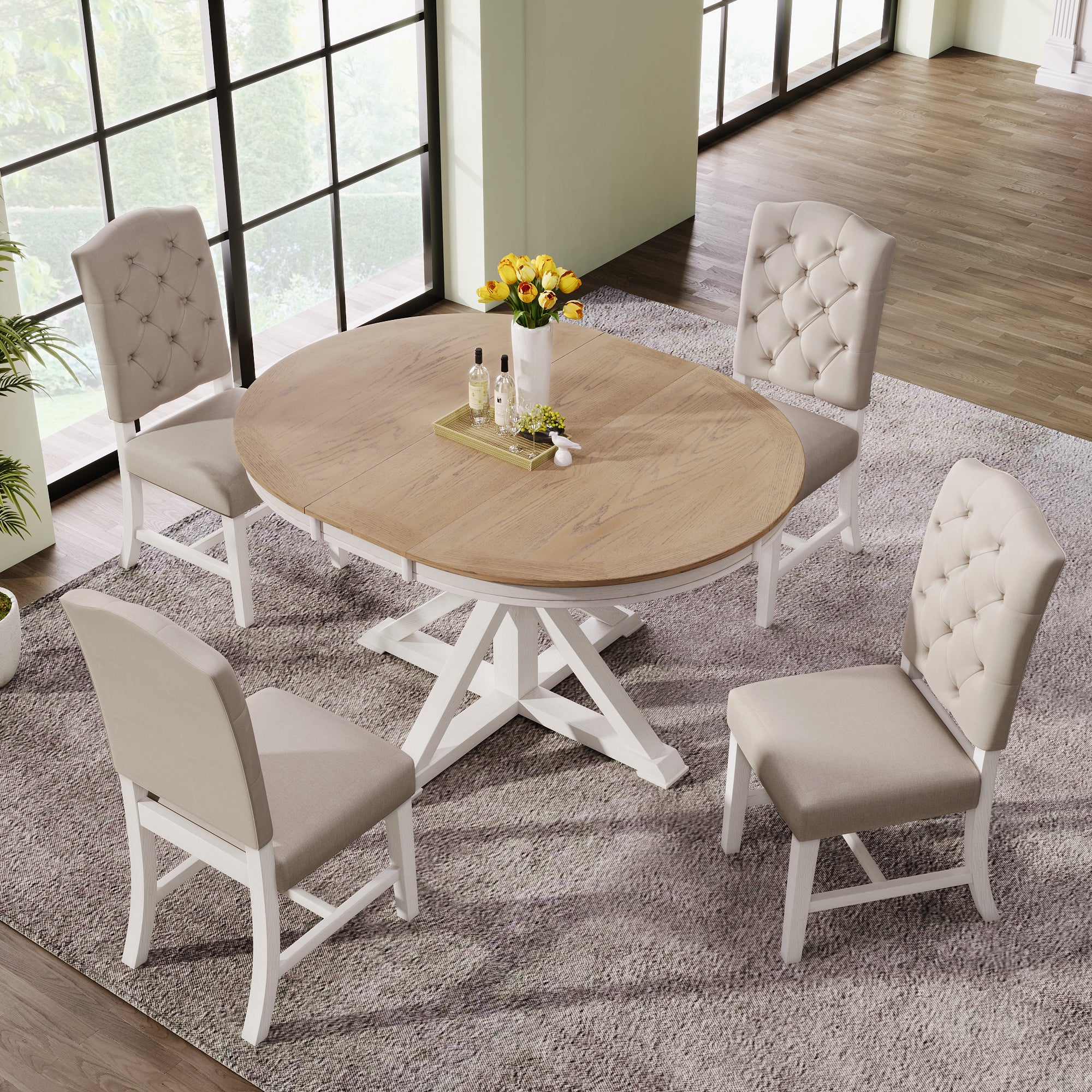 TREXM Functional Furniture Retro Style Dining Table Set with Extendable Table and 4 Upholstered Chairs for Dining Room and Living Room (Oak Natural Wood + Off White)