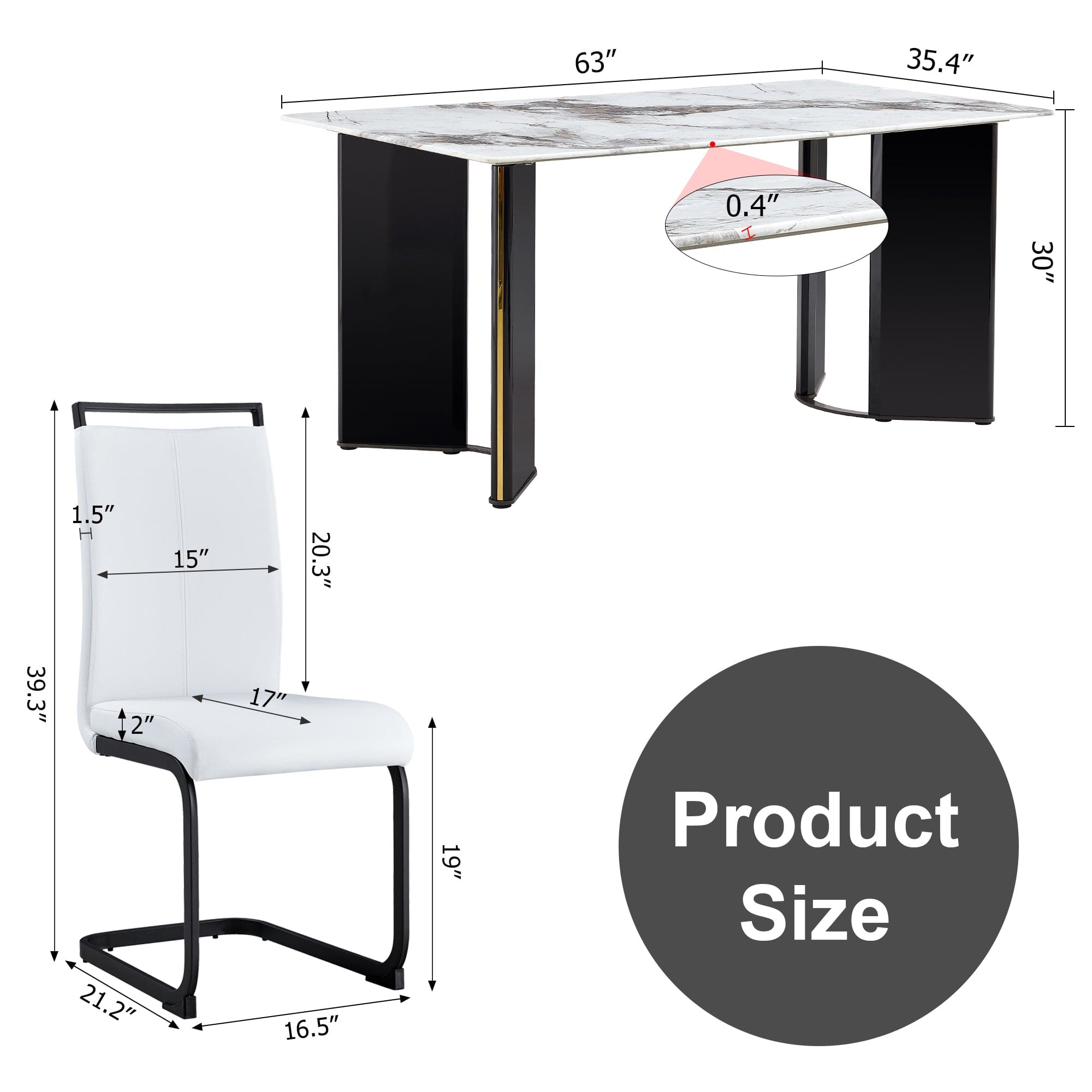 Table and chair set. A white imitation marble desktop with MDF legs and gold metal decorative strips. Paired with 4 dining chairs with white backrest and black metal legs.F-HH C-1162