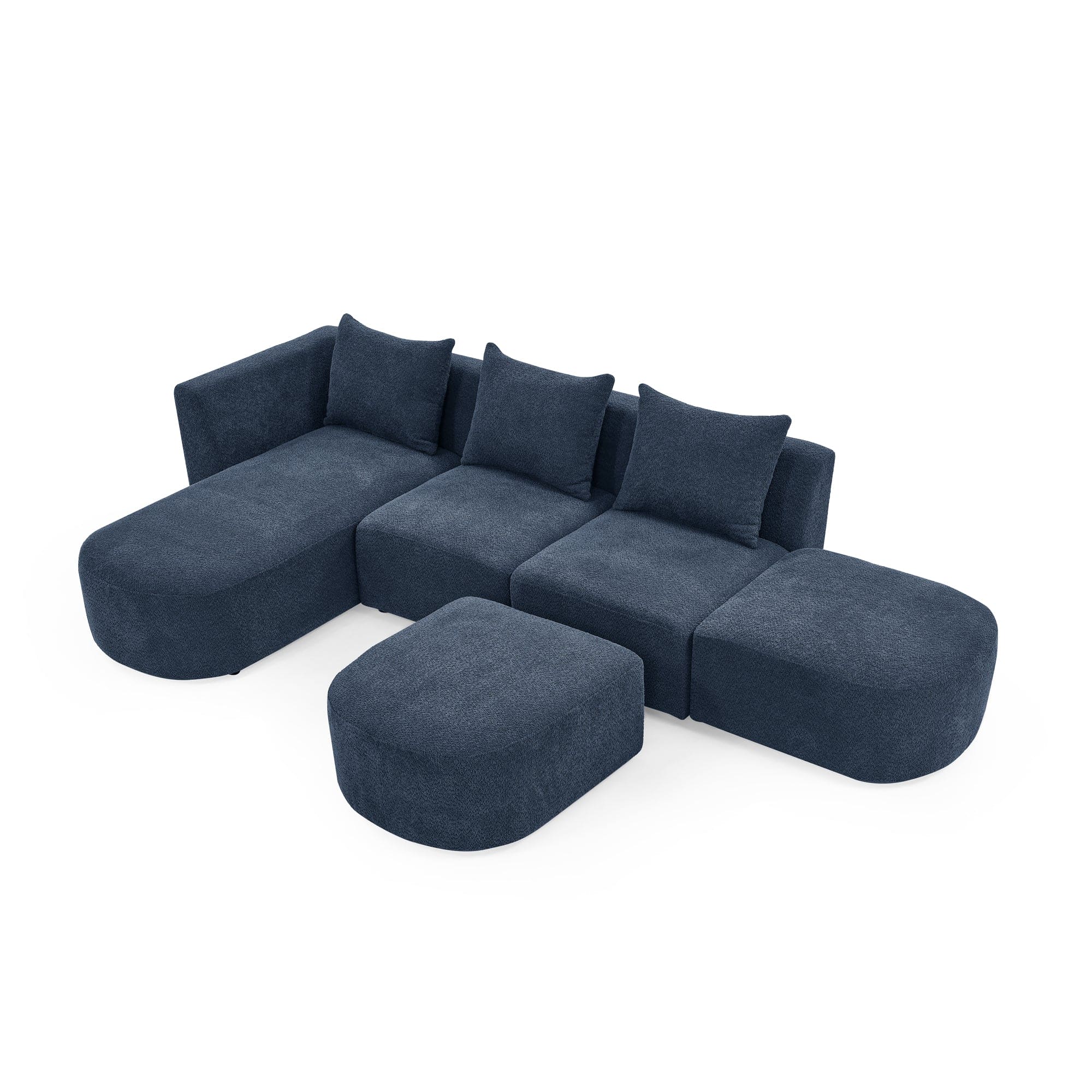 L Shape Sectional Sofa including Two Single Seats, Left Side Chaise and Two Ottomans, Modular Sofa, DIY Combination, Loop Yarn Fabric, Navy