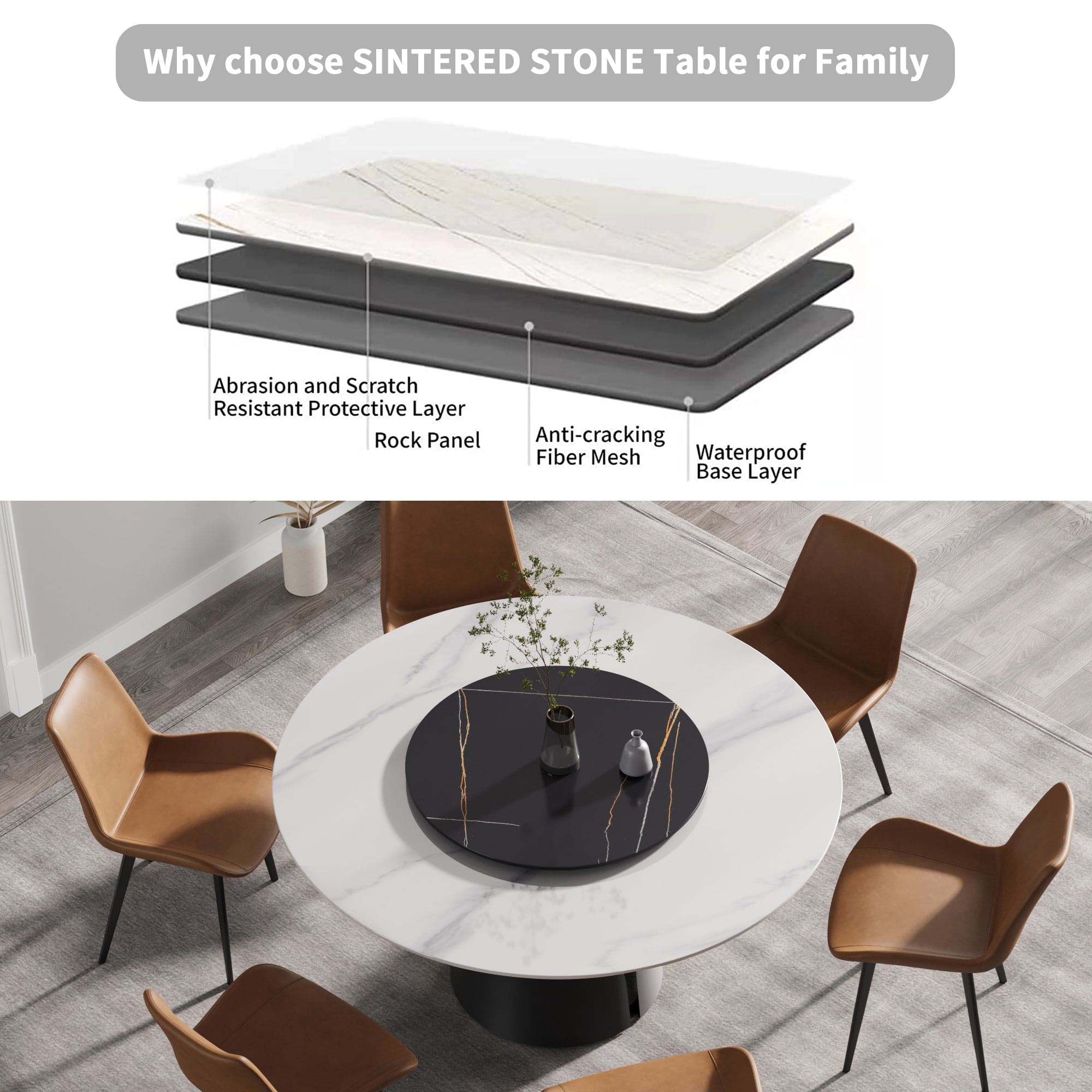 59.05"Modern artificial stone round black carbon steel base dining table-can accommodate 6 people-31.5"black artificial stone turntable