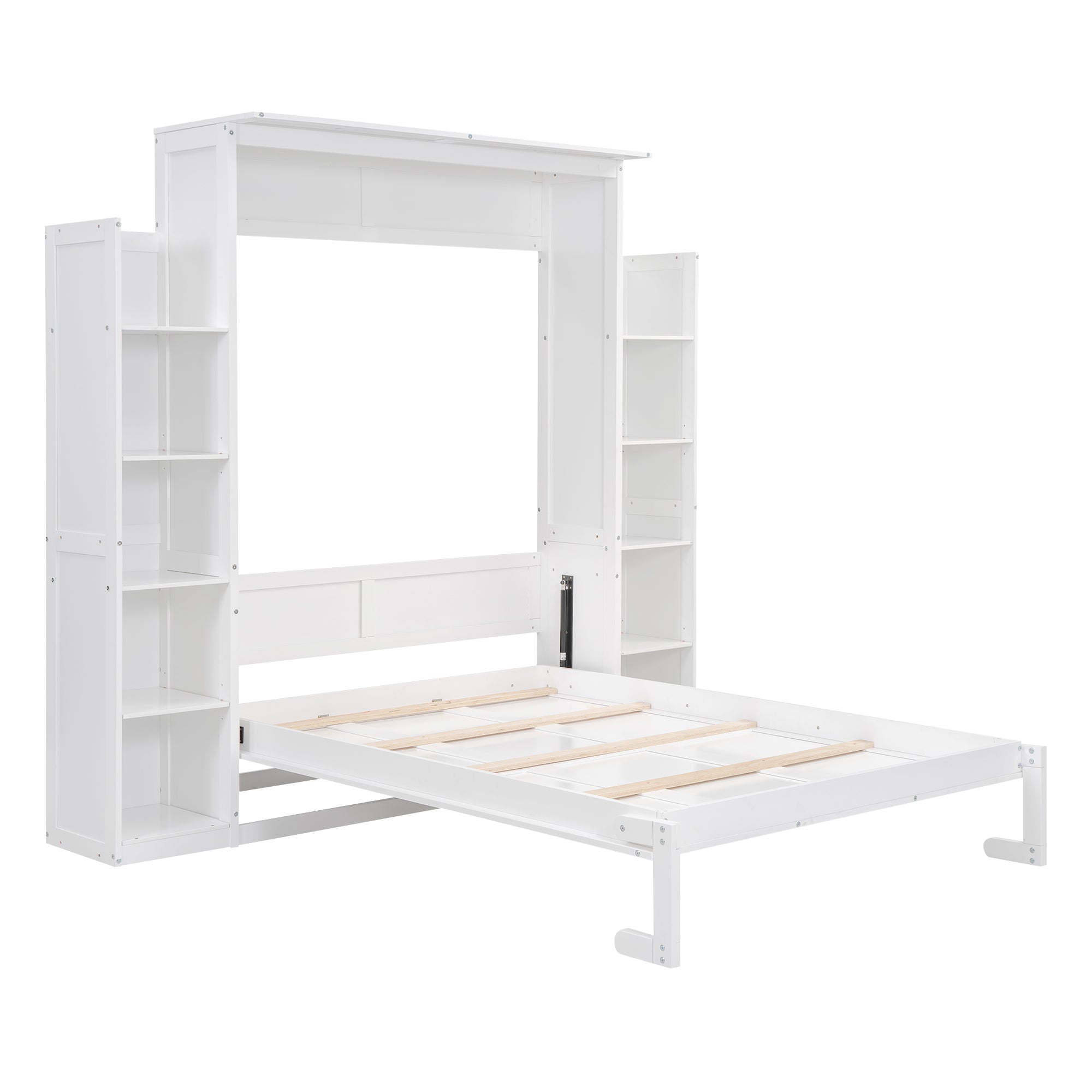 Full Size Murphy Bed Wall Bed with Shelves and LED Lights,White