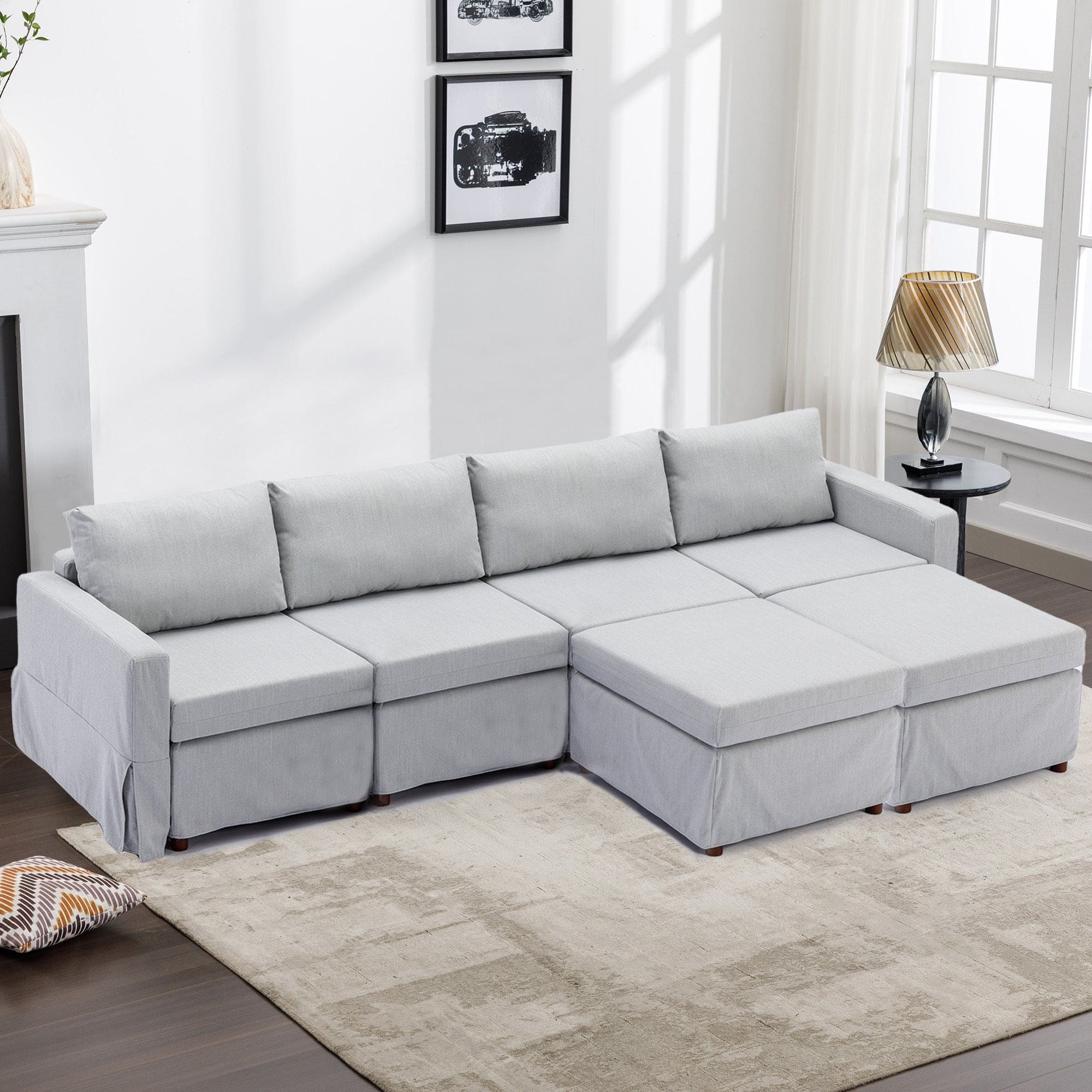 4 Seat Module Sectional Sofa Couch With 2 Ottoman,Seat Cushion and Back Cushion Removable and Washable,Light Grey