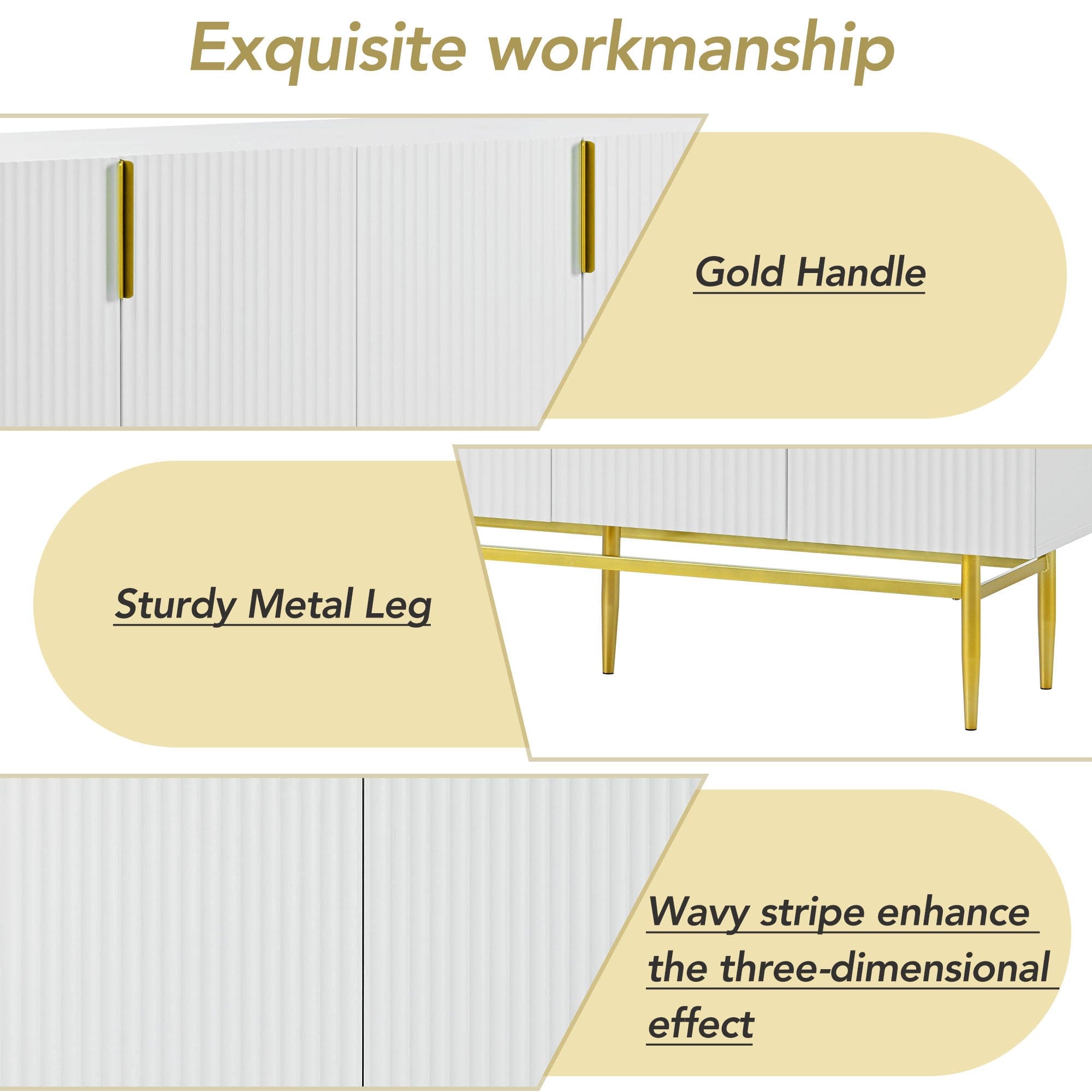 TREXM Modern Elegant 4-door Sideboard Gold Metal Handle Buffet Cabinet for Dining Room, Living Room, Bedroom, Hallway (White)