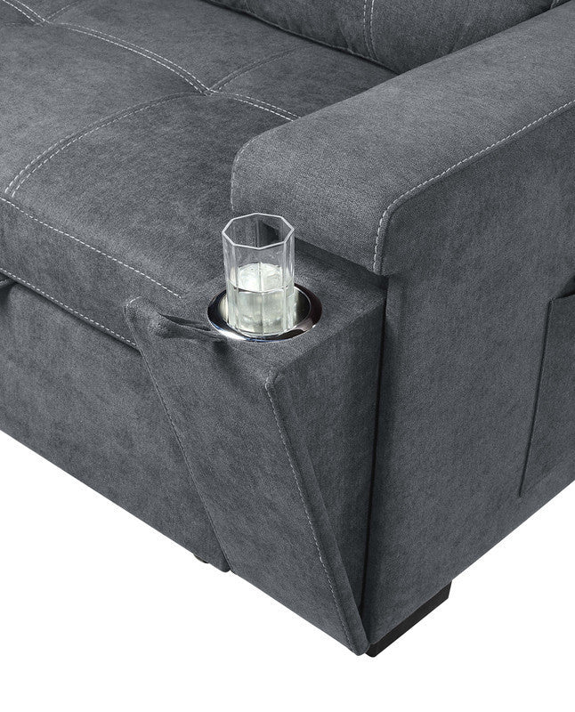 Toby Gray Woven Fabric Reversible Sleeper Sectional Sofa with Storage Chaise Cup Holder USB Ports and Pockets