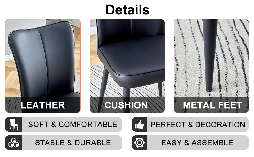 Modern minimalist dining chairs, black PU leather curved backrest and seat cushions, black metal chair legs, suitable for restaurants, bedrooms, and living rooms. A set of four chairs. 008