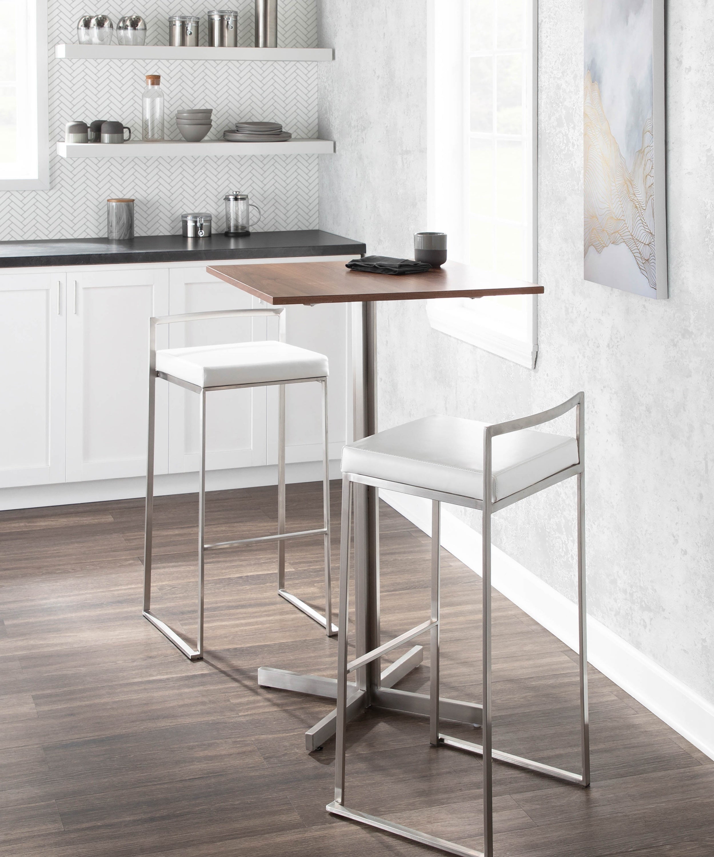 Fuji Contemporary Square Bar Table in Stainless Steel with Walnut Wood Top by LumiSource