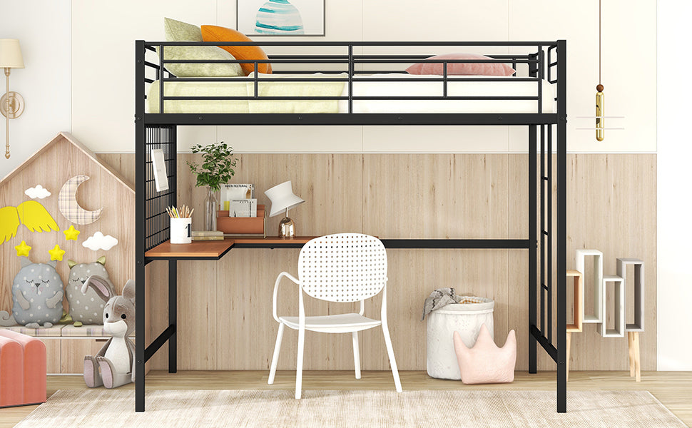 Full Metal Loft Bed with Desk and Metal Grid, Black