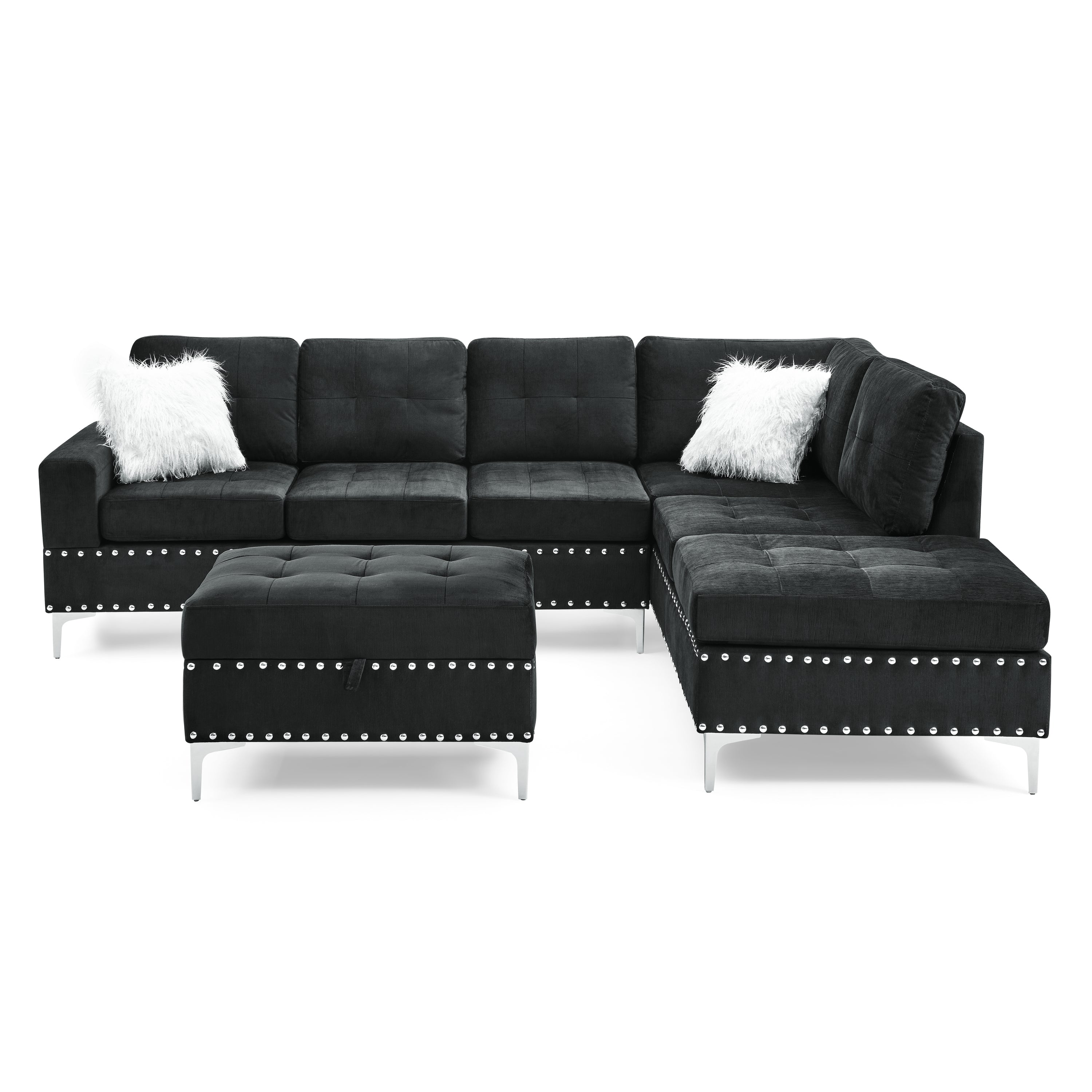 Sectional 3-Seaters Sofa with Reversible Chaise, Storage Ottoman and Cup Holders, Metal Legs and Copper Nails,Two White Villose Pillows ,Black(107.5" x 80.5" x36")