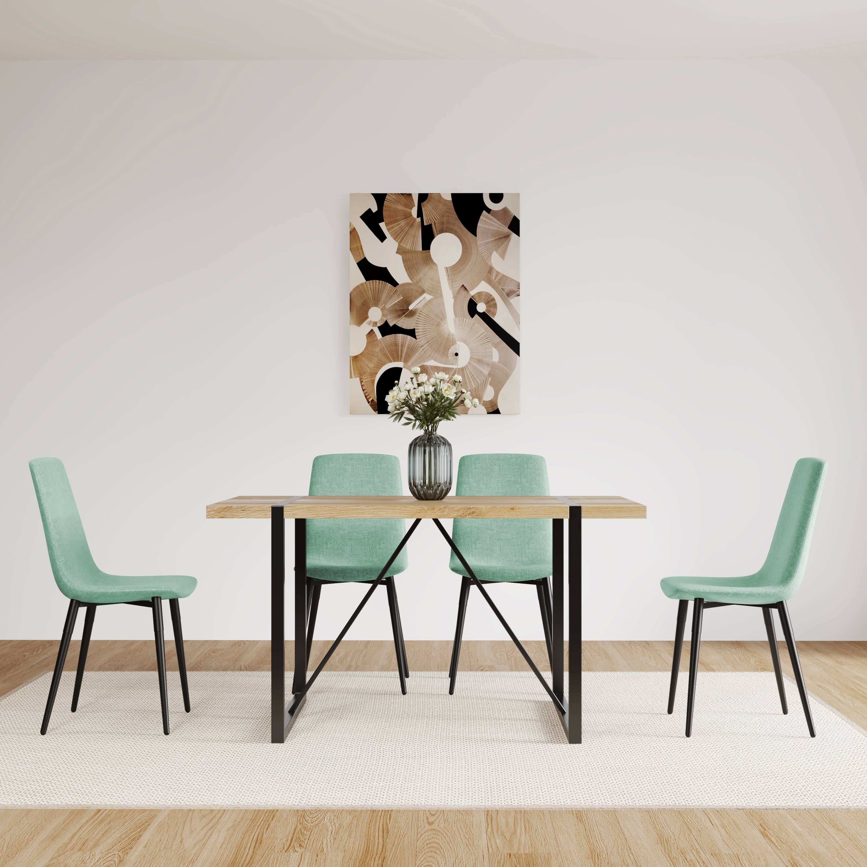 MDF Wood Colour Dining Table and Modern Dining Chairs Set of 4, Mid Century Wooden Kitchen Table Set, Metal Base & Legs, Dining Room Table and Linen Chairs