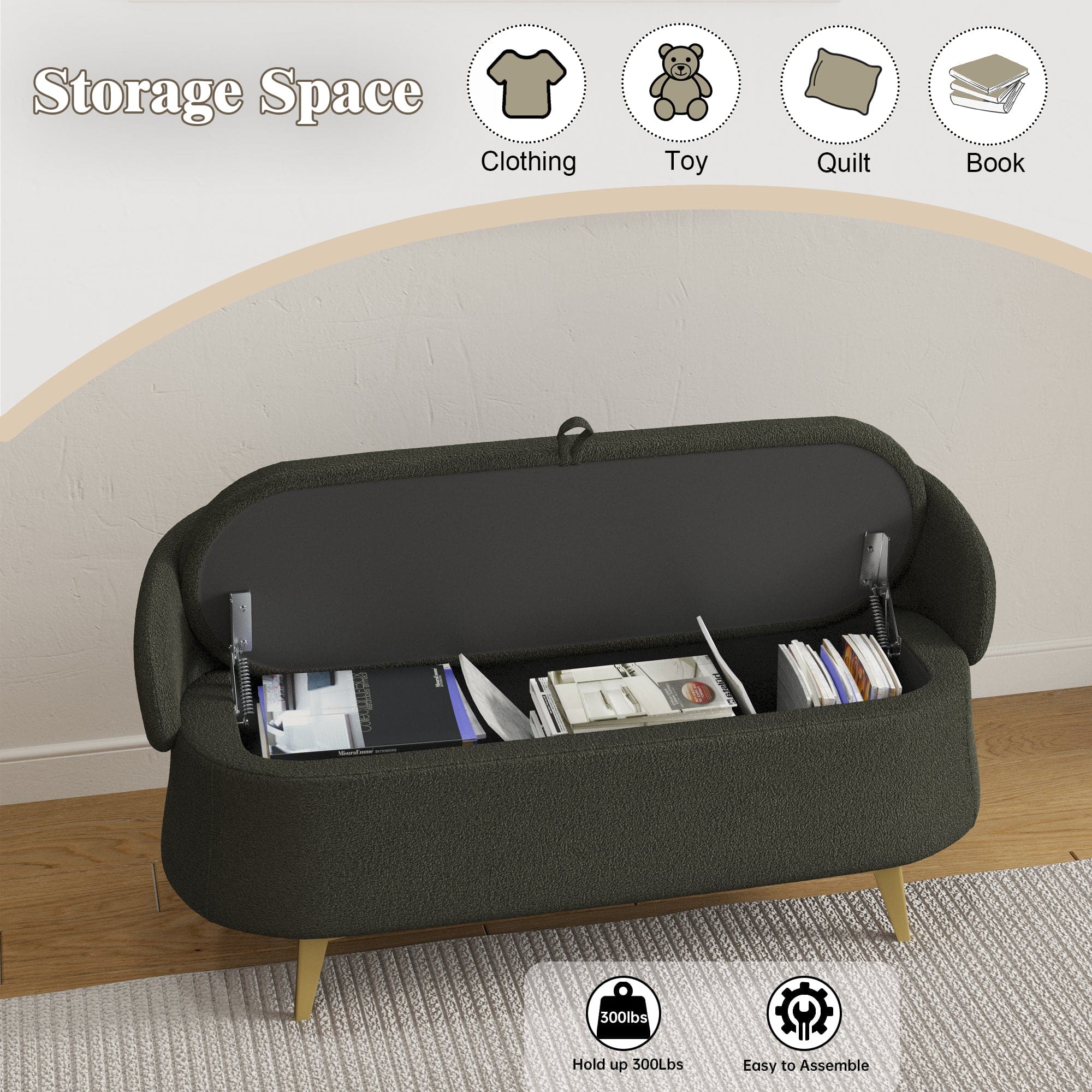 50 inchesMulti-functional long rectangular bed end storage sofa stool  teddy fleece