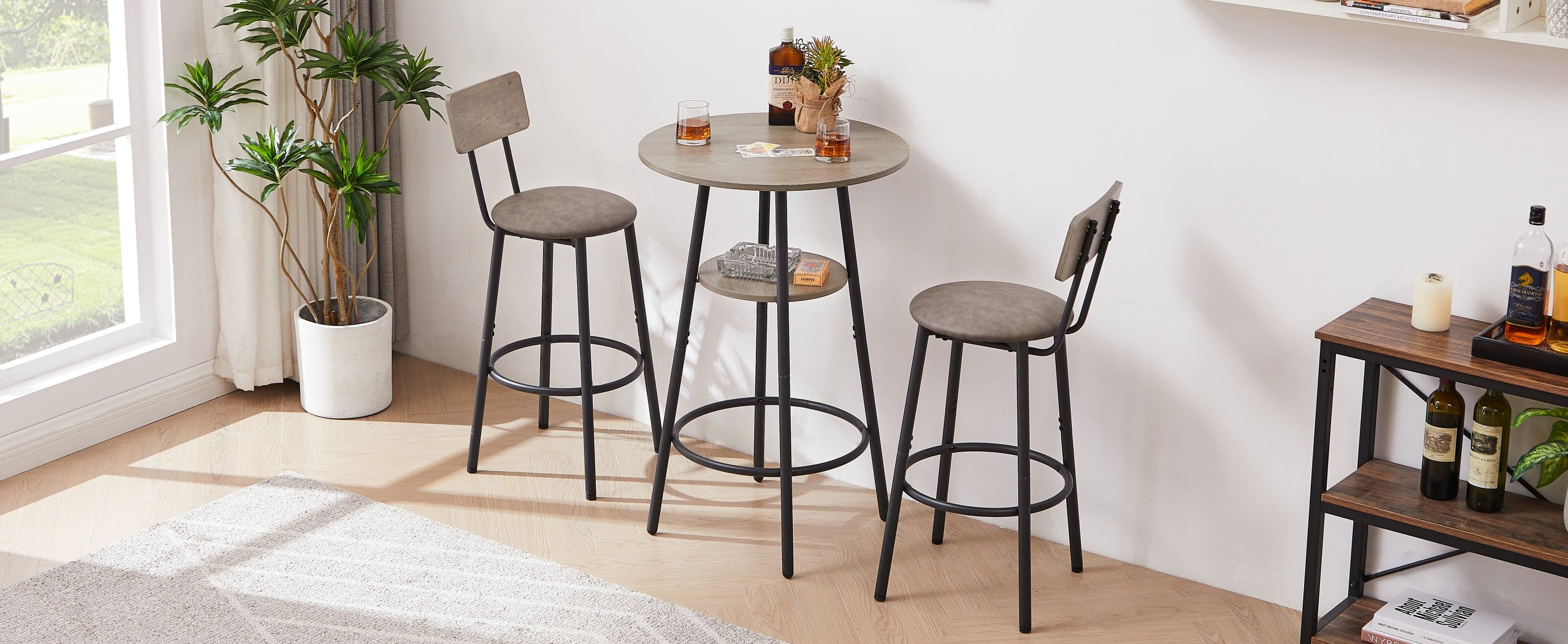 Round bar stool set with shelf, upholstered stool with backrest Grey, 23.62'' W x 23.62'' D x 35.43'' H.