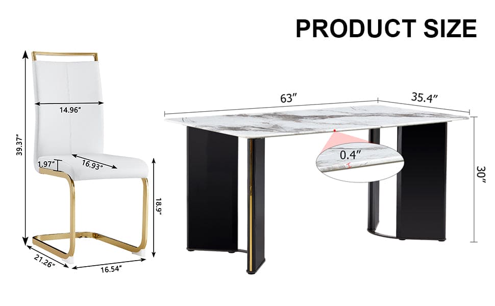 Table and chair set. 1 table and 4 white PU backrest cushions with gold metal leg chairs . A rectangular white imitation marble desktop with MDF legs and gold metal decorative strips. HH1162