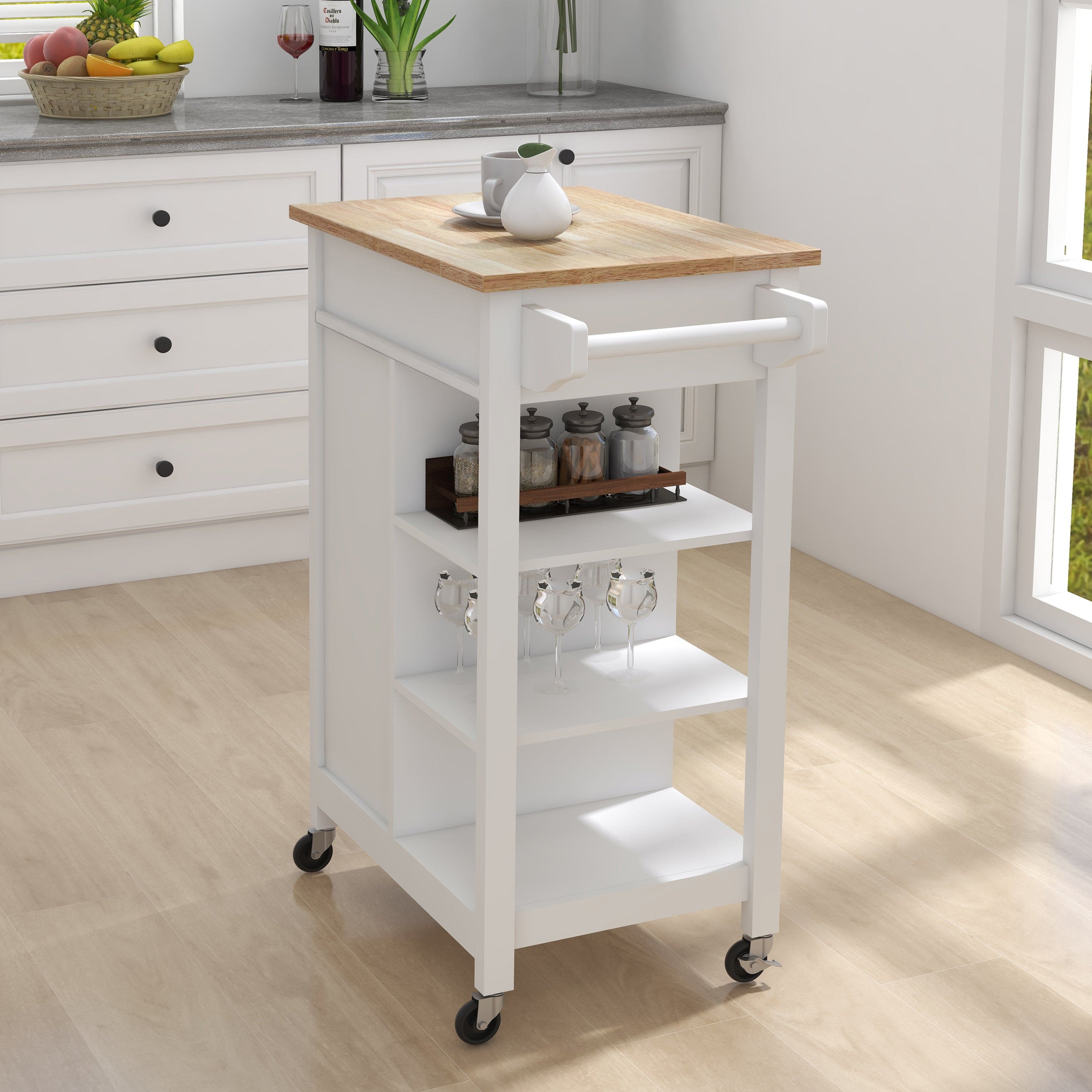 Kitchen island rolling trolley cart with towel rack rubber wood table top