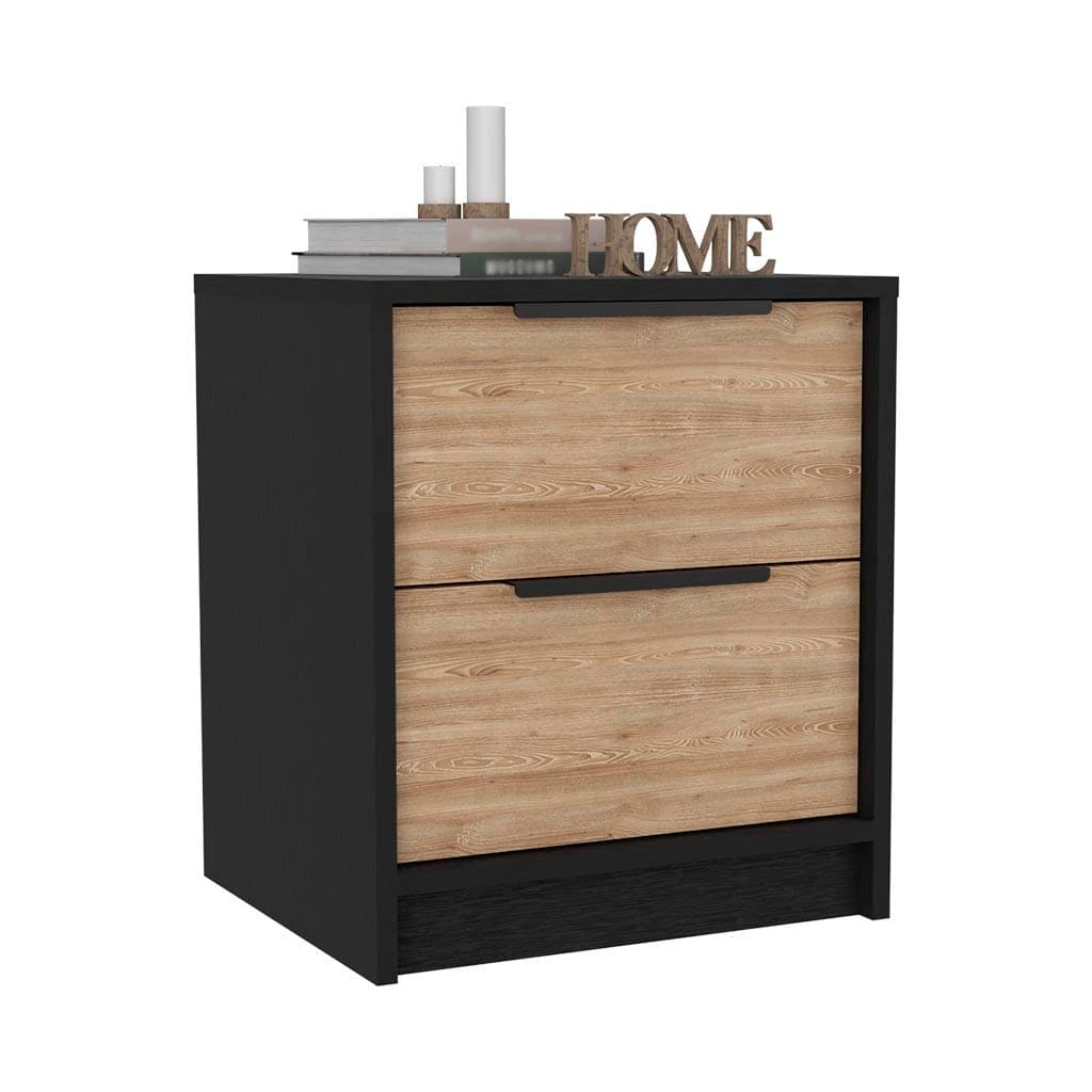 Nightstand Cervants, Two Drawers, Metal Handle, Black wengue / Pine Finish