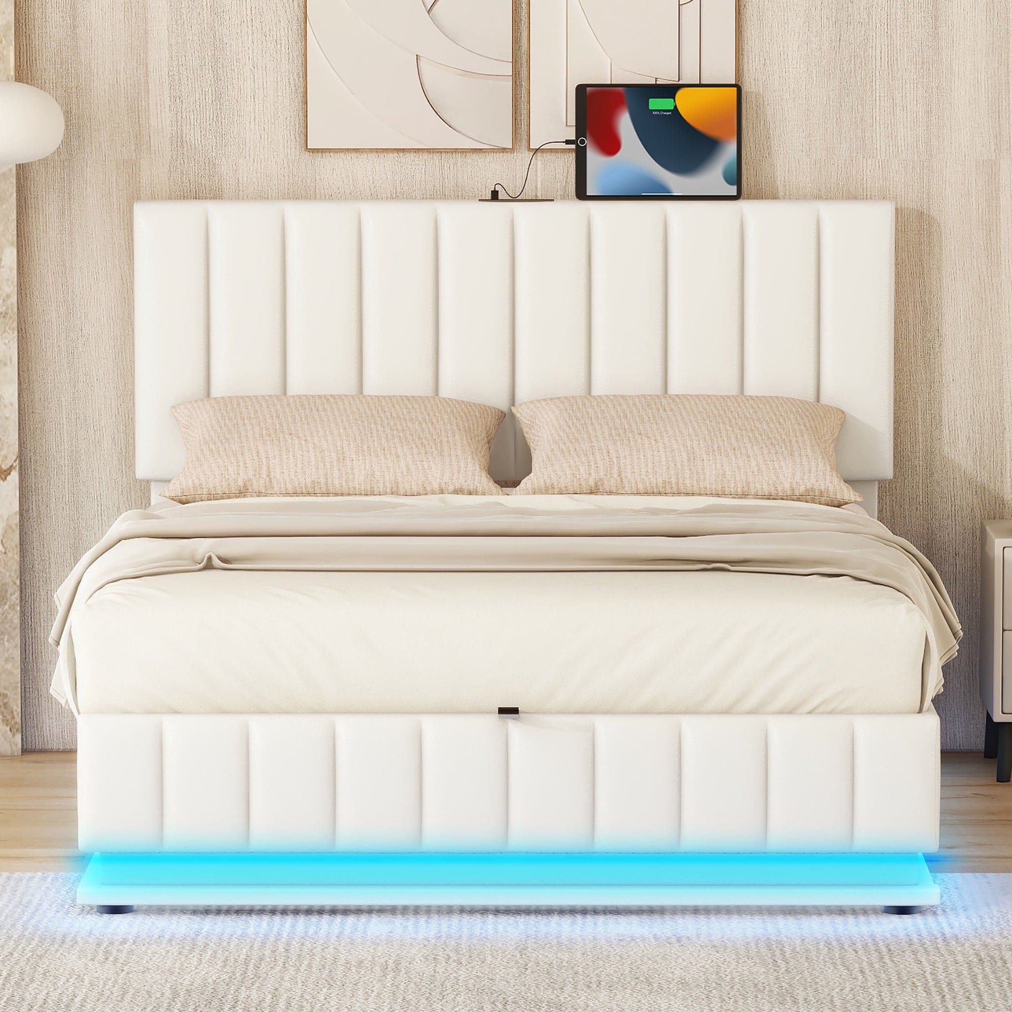 Full Size Upholstered Bed with Hydraulic Storage System and LED Light, Modern Platform Bed with Sockets and USB Ports, White