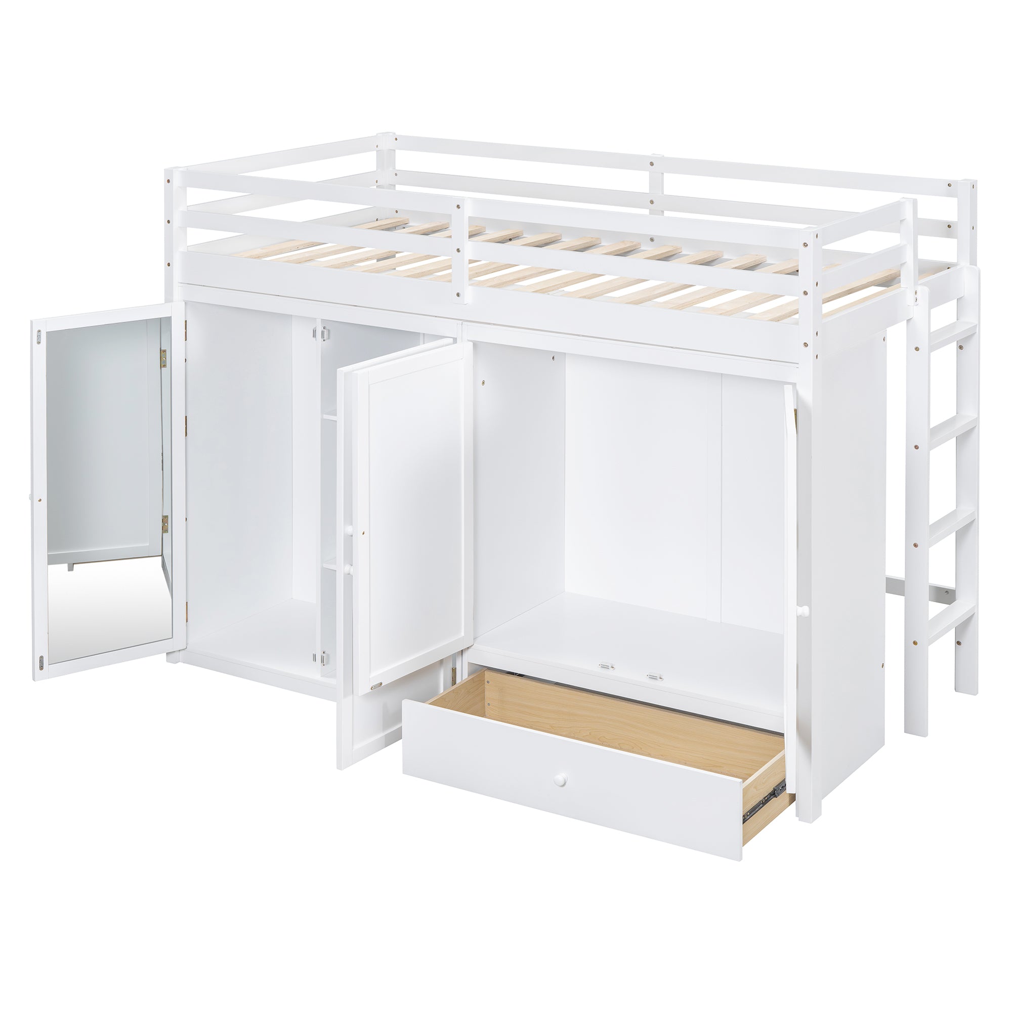 Twin size Loft Bed with Drawer, Two Wardrobes and Mirror, White