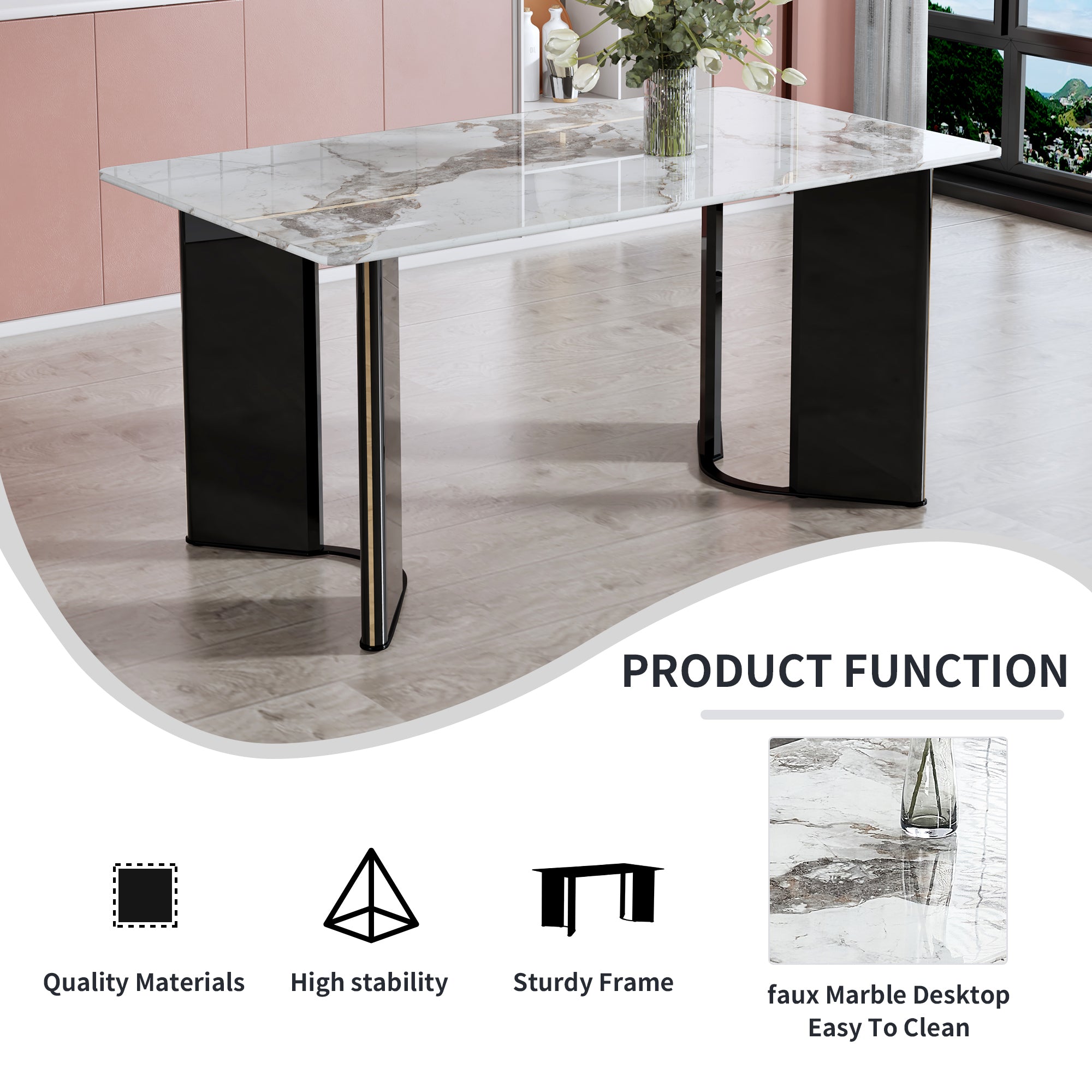 Modern minimalist rectangular dining table, white imitation marble tabletop, MDF table legs with gold metal decorative strips. Suitable for restaurant and living room   F-HH