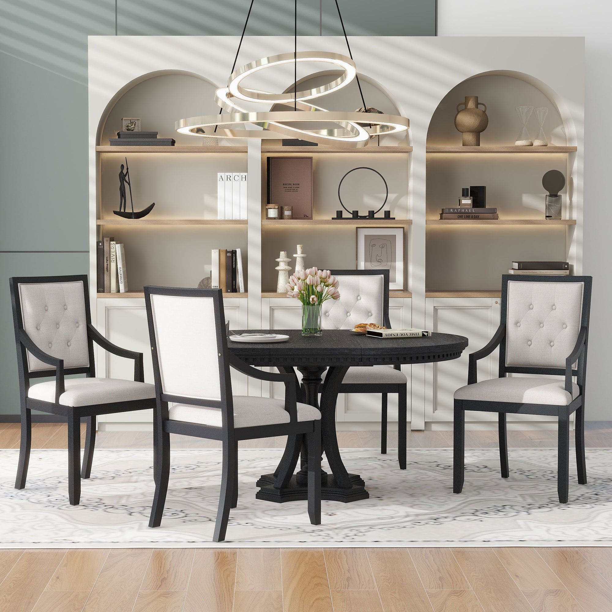 TREXM Retro 5-piece Dining Set Extendable Round Table and 4 Chairs for Kitchen Dining Room (BLACK OAK)