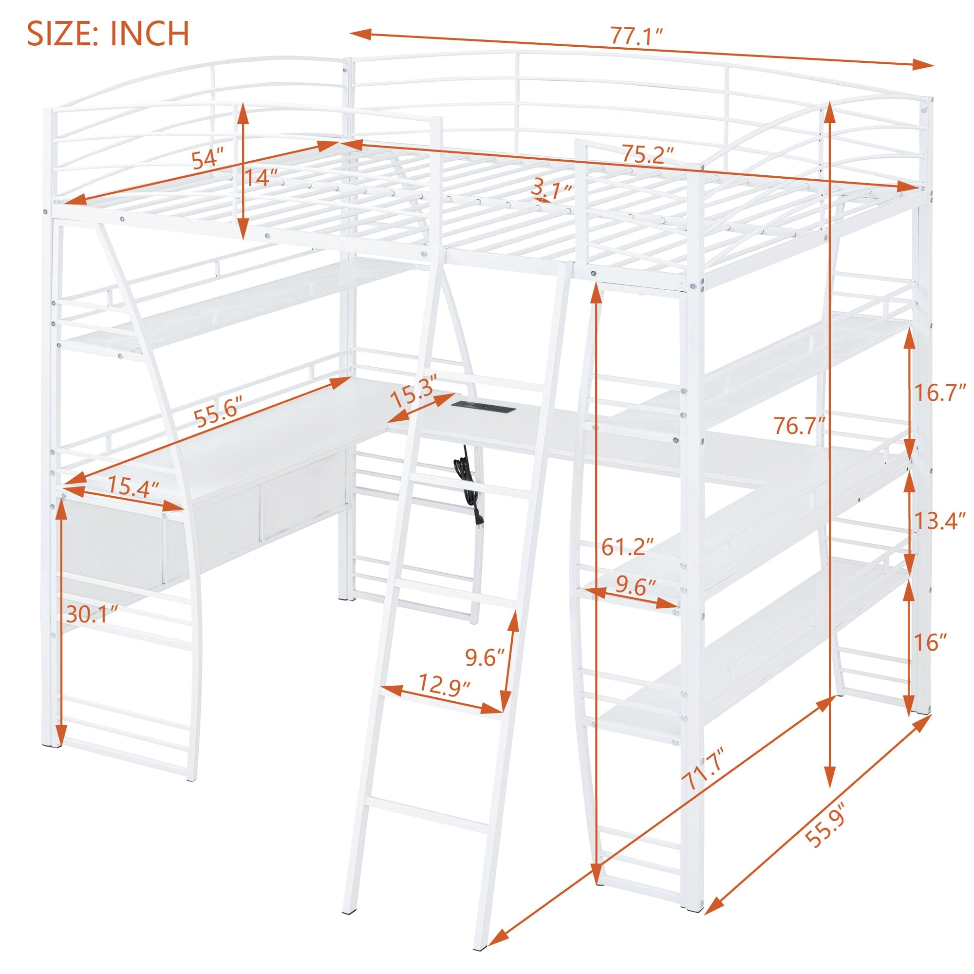 Full Size Loft Bed with 4 Layers of Shelves and L-shaped Desk, Stylish Metal Frame Bed with a set of Sockets, USB Ports and and Wireless Charging, White