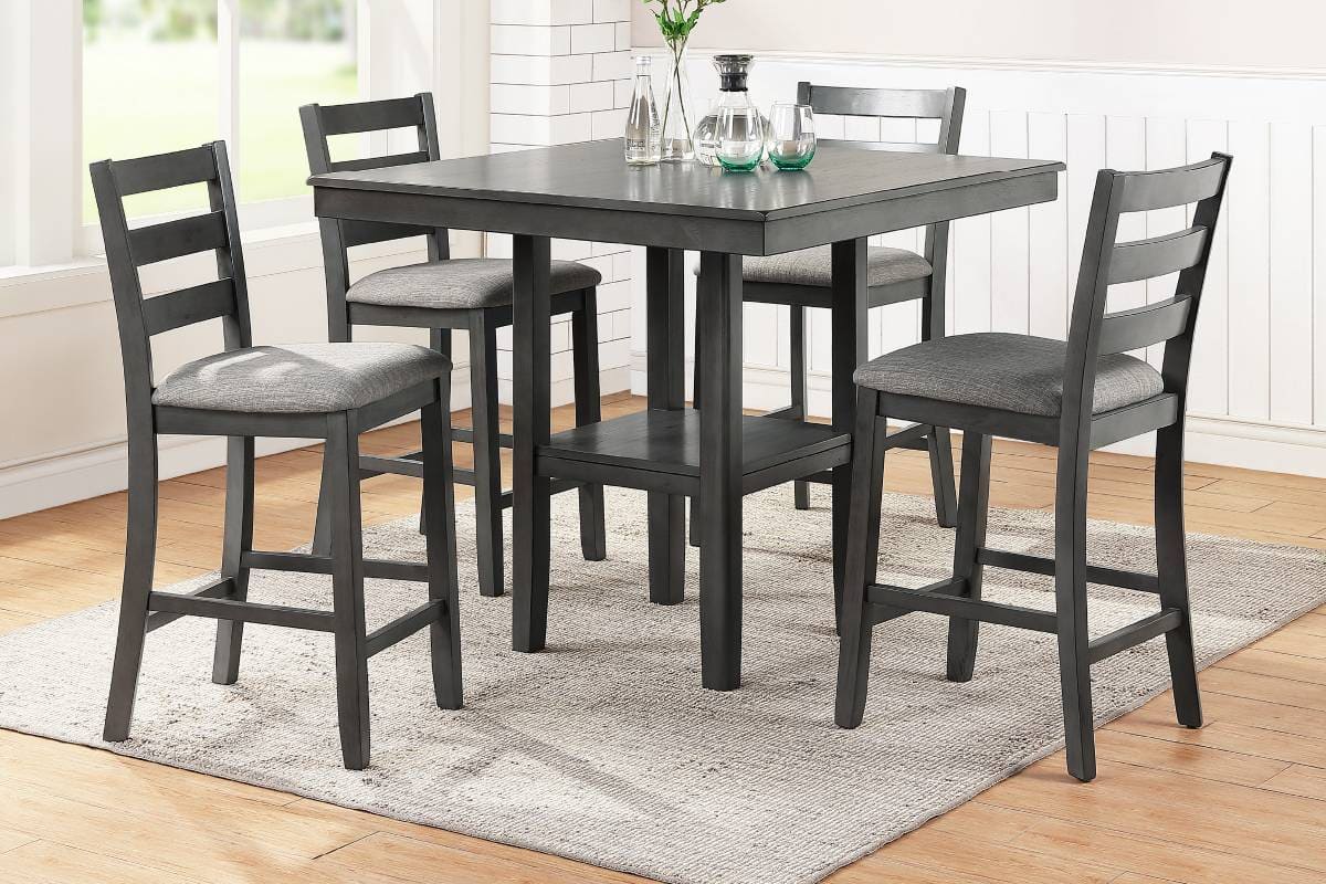 Classic Dining Room Furniture Gray Finish Counter Height 5pc Set Square Dining Table w Shelves Cushion Seat Ladder Back High Chairs Solid wood