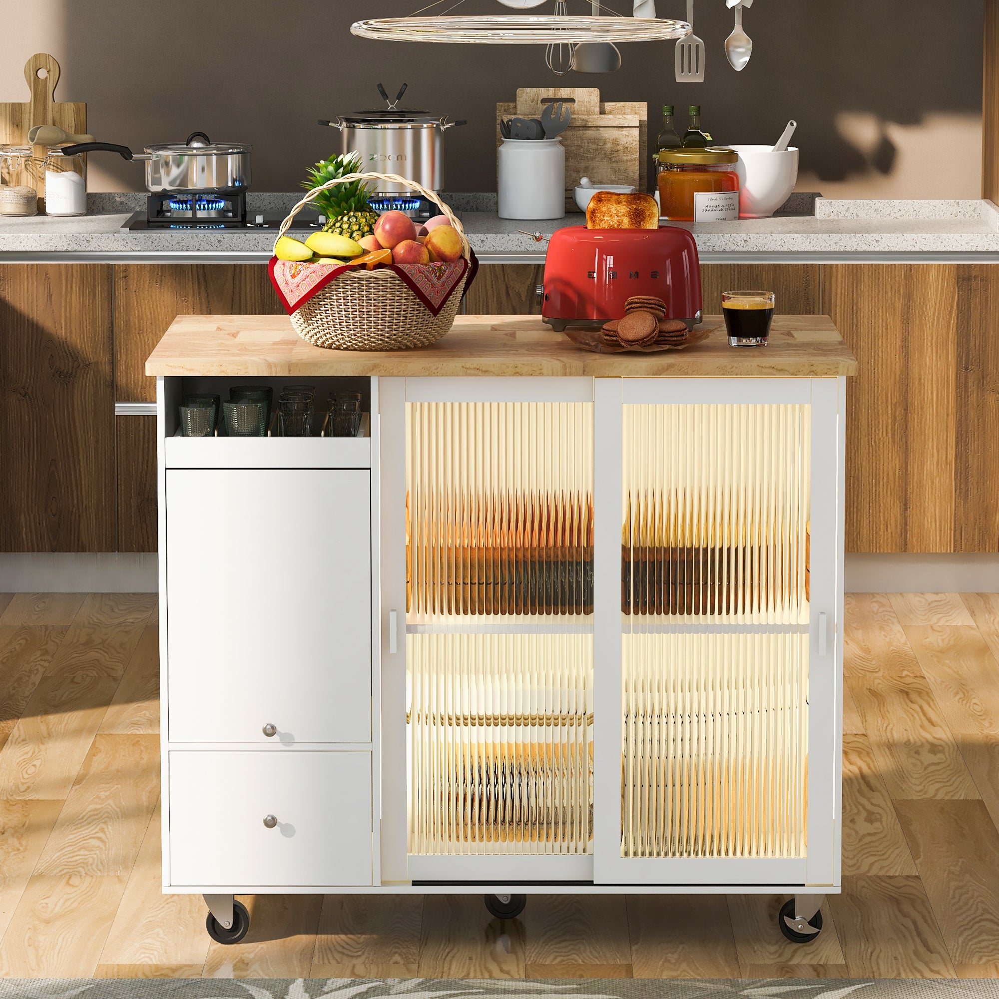 Kitchen Island with Drop Leaf, LED Light Kitchen Cart on Wheels with 2 Fluted Glass Doors and 1 Flip Cabinet Door, Large Kitchen Island Cart with an Adjustable Shelf and 2 Drawers (White)