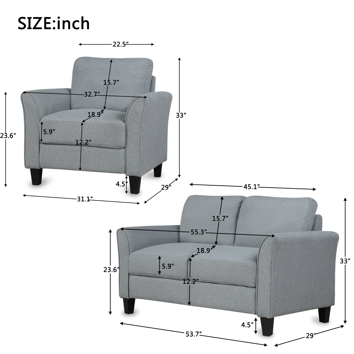 Living Room Furniture Armrest Single Sofa   and Loveseat Sofa (Gray)