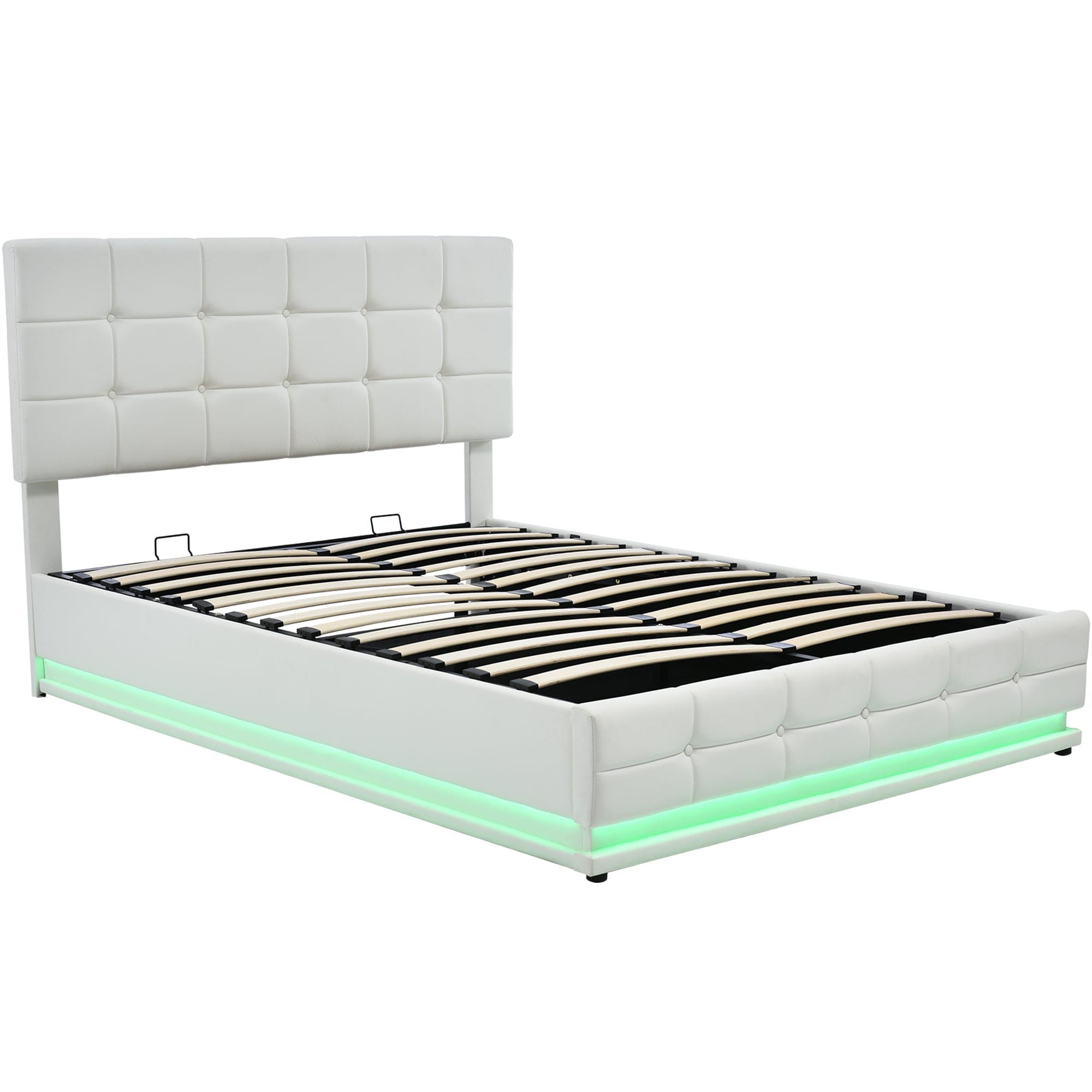 Tufted Upholstered Platform Bed with Hydraulic Storage System,Queen Size PU Storage Bed with LED Lights and USB charger, White