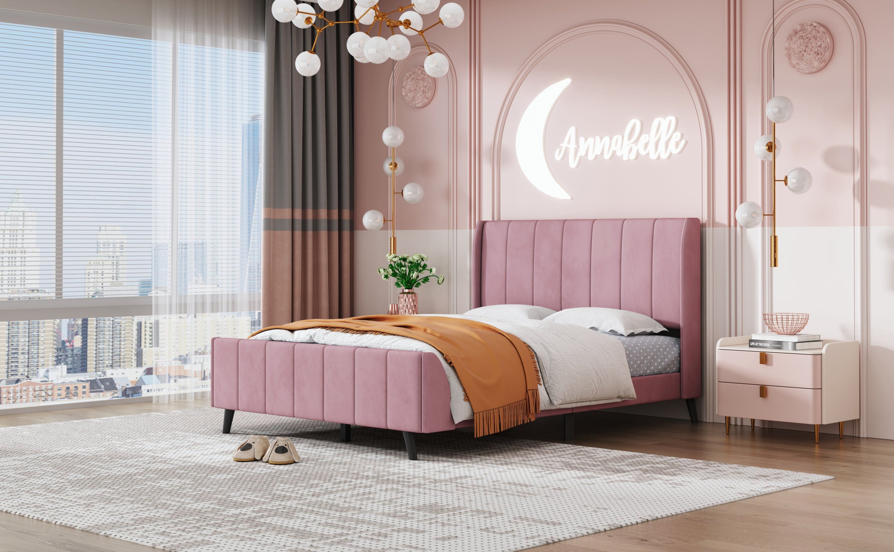 Full Size Upholstered Platform Bed, Velvet, Pink