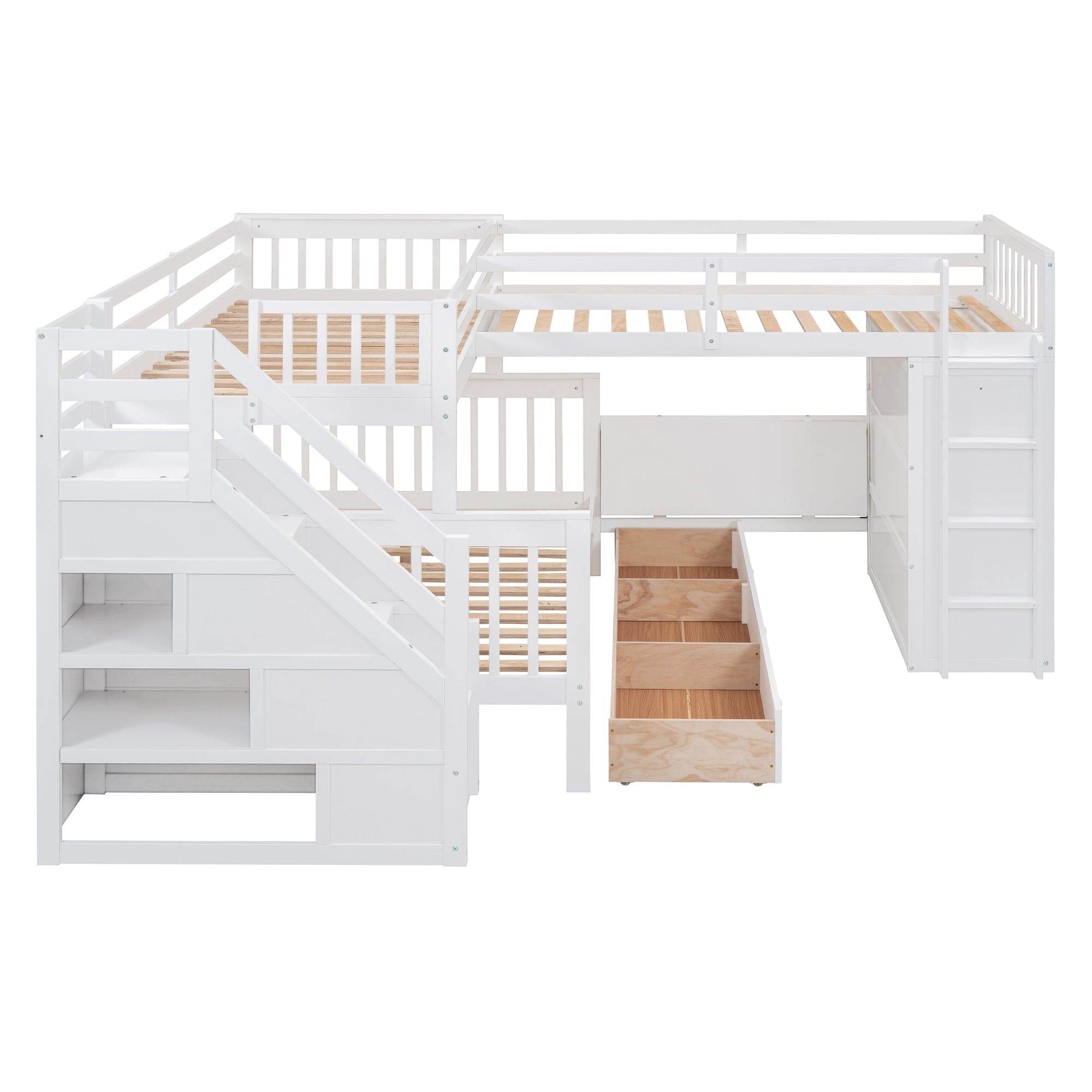 Twin-Twin over Full L-Shaped Bunk Bed With 3 Drawers, Portable Desk and Wardrobe, White