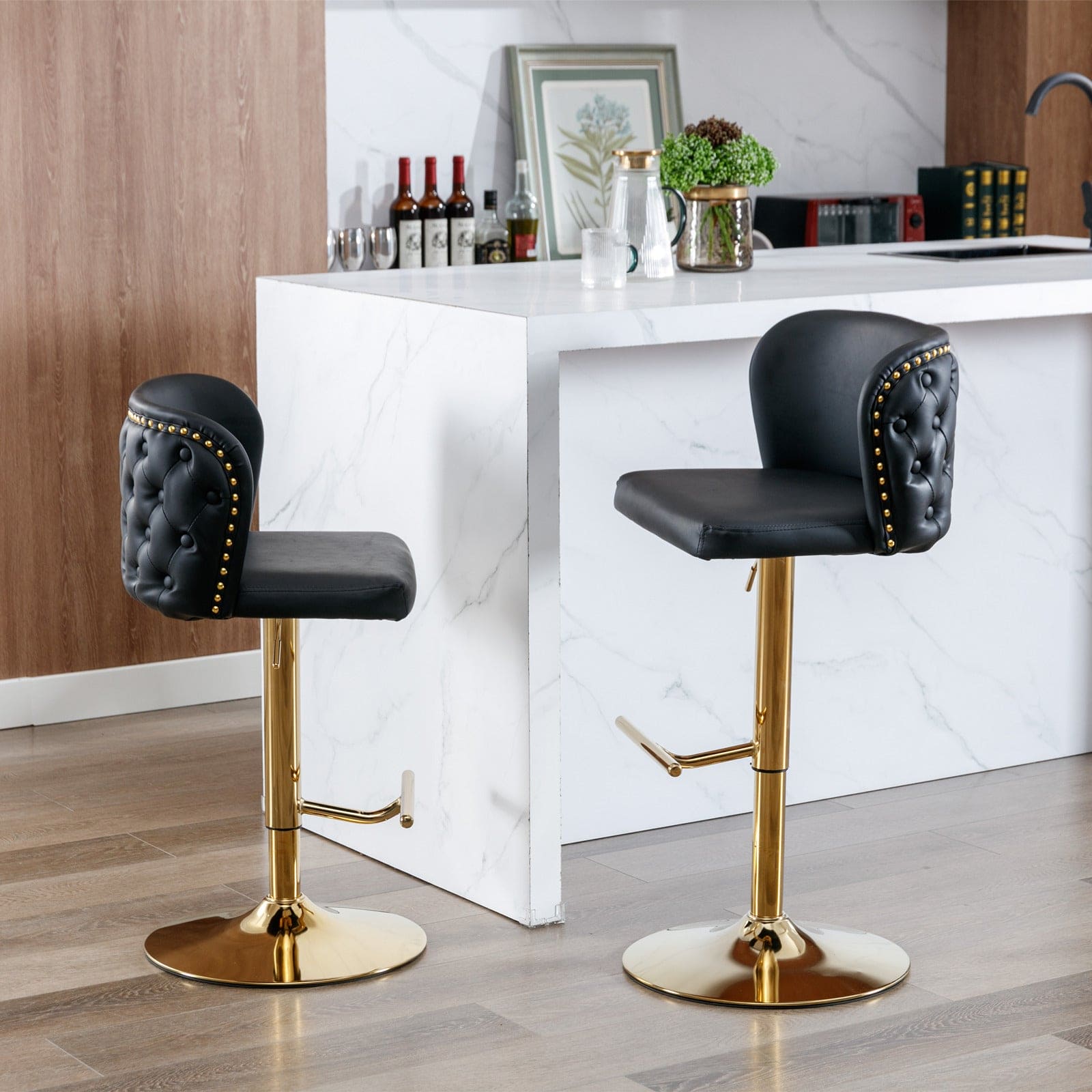 A&A Furniture,Swivel Barstools Adjusatble Seat Height, Modern PU Upholstered Bar Stools with  the whole Back Tufted, for Home Pub and Kitchen Island（Black, Set of 2）