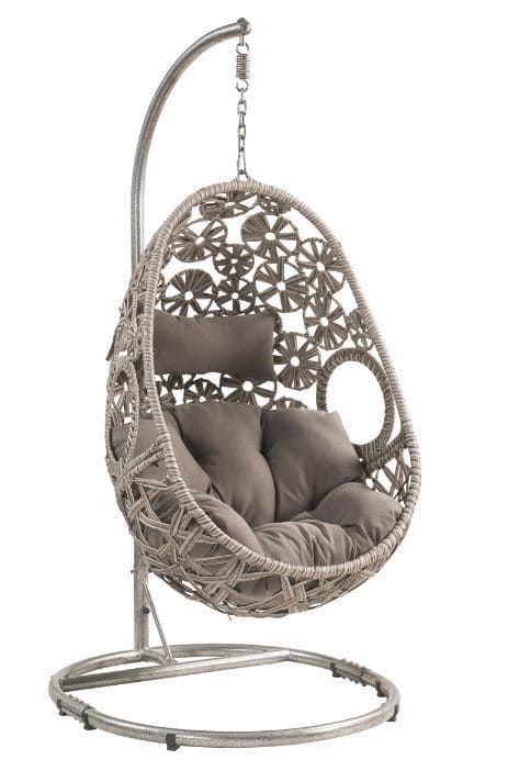 ACME Sigar Patio Hanging Chair with Stand, Light Gray Fabric & Wicker 45107