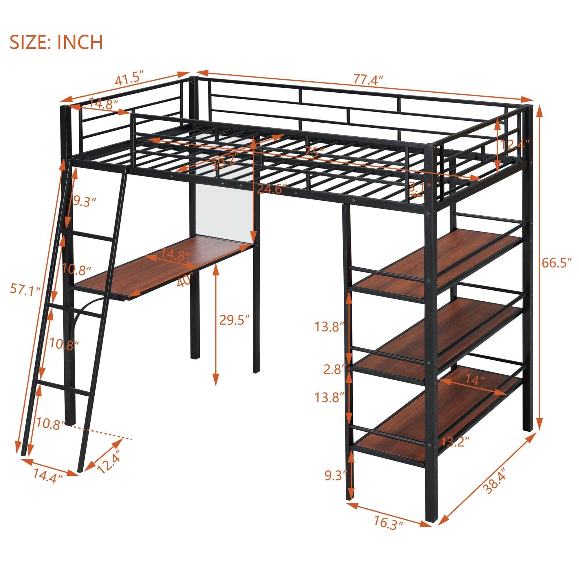 Twin Size Loft Metal Bed with 3 Layers of Shelves and Desk, Stylish Metal Frame Bed with Whiteboard, Black