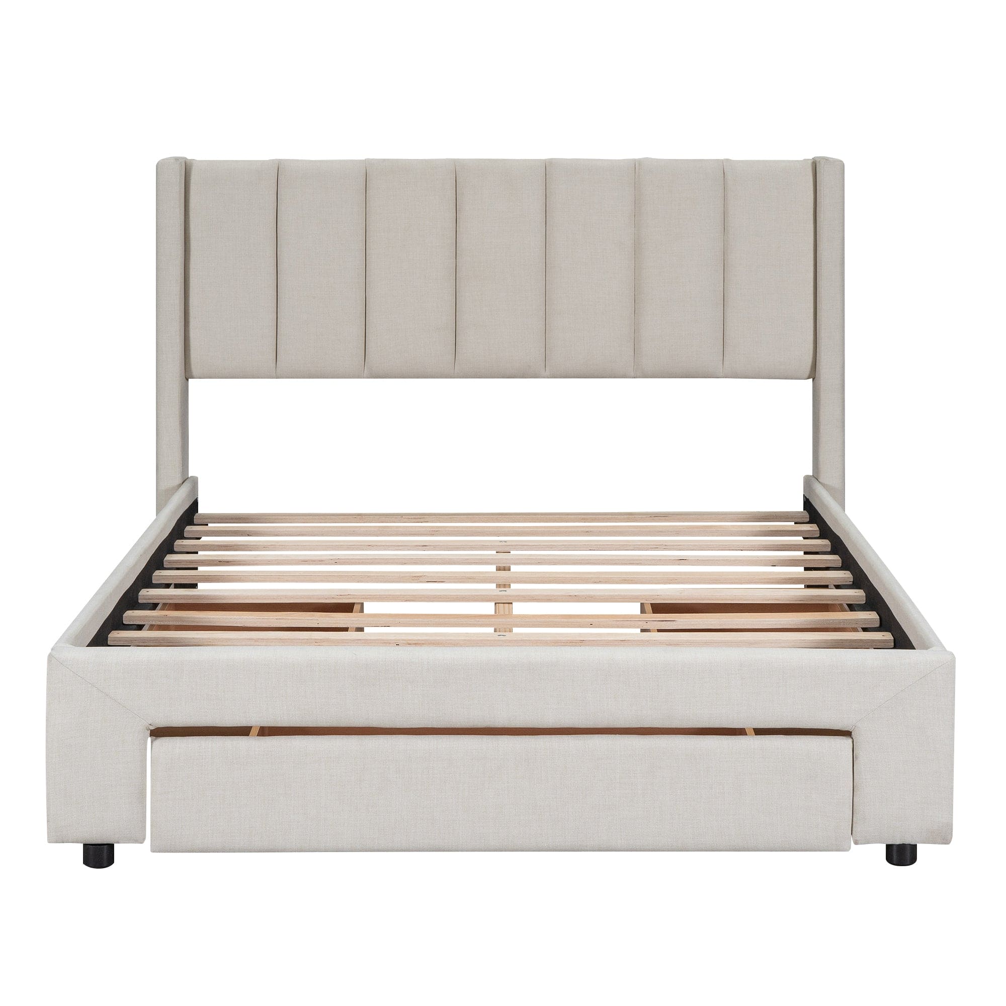 Full Size Upholstered Platform Bed with One Large Drawer in the Footboard and Drawer on Each Side,Beige