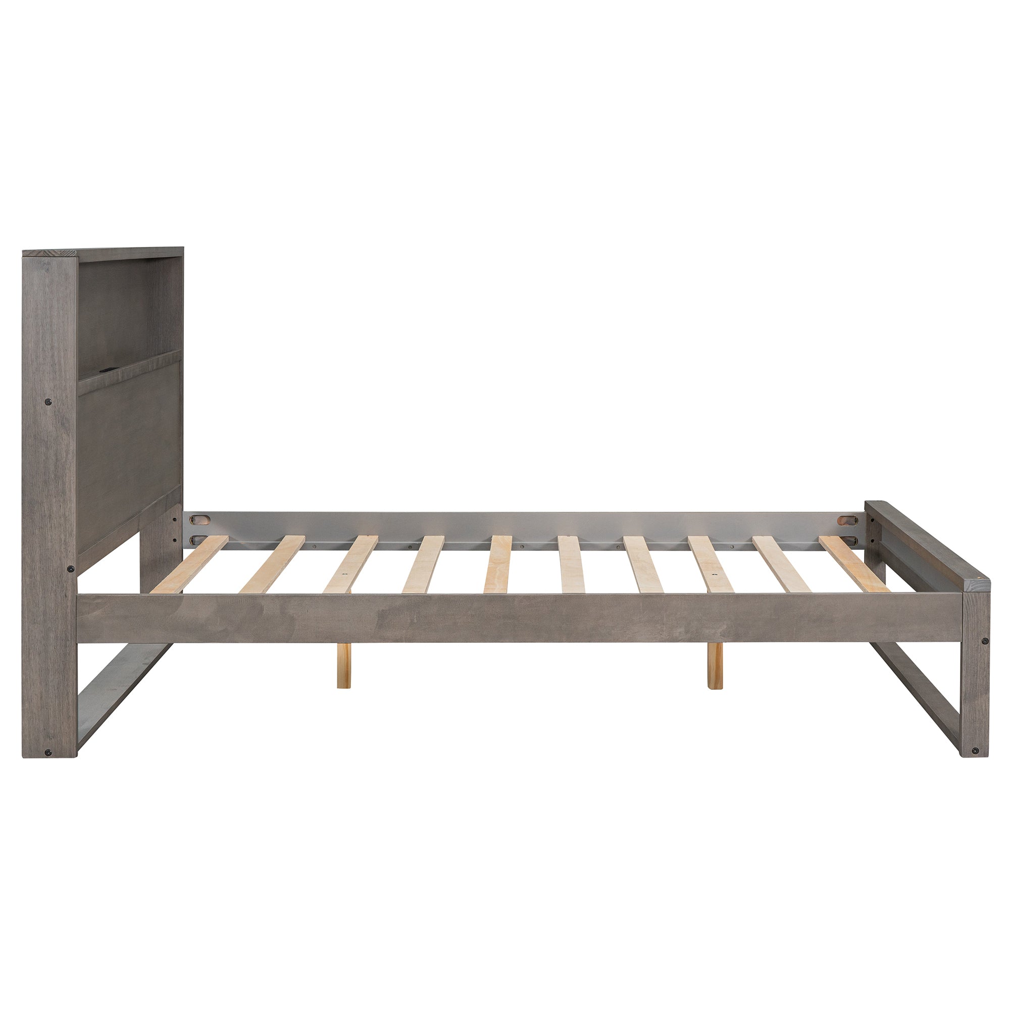 Platform Bed with Storage Headboard,Sockets and USB Ports,Full Size Platform Bed,Antique Gray