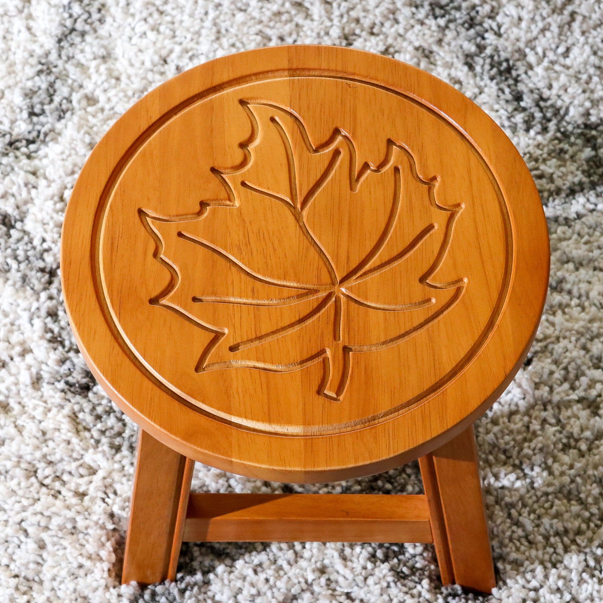 Carved Wooden Step Stool, Maple Leaf, Natural