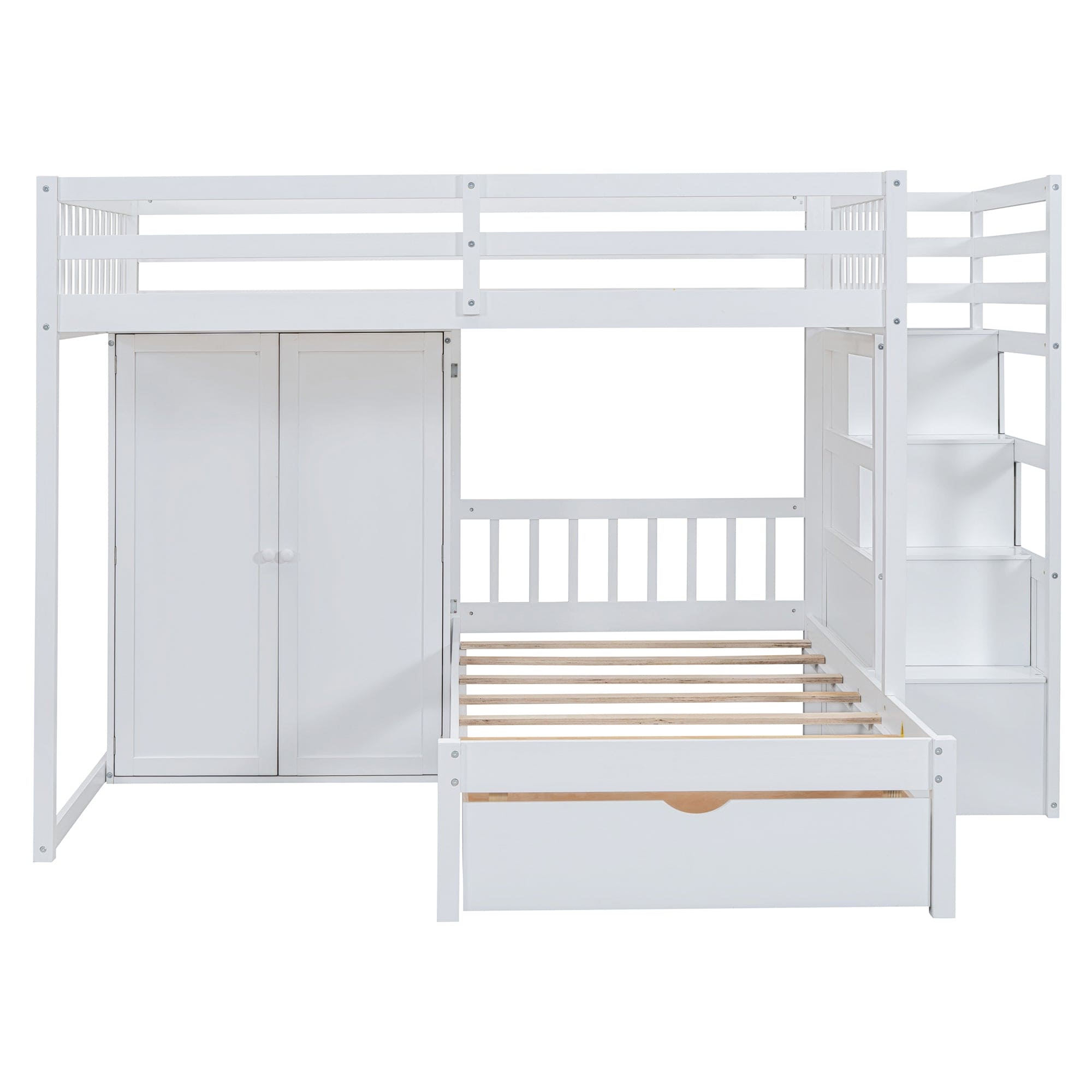 Full Over Twin Bunk Bed with Wardrobe, Drawers, White