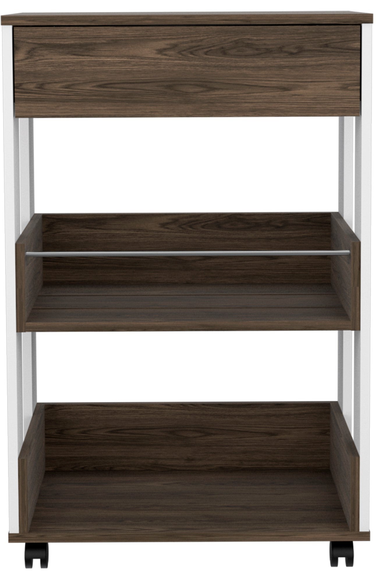 Verona Kitchen Cart, Three Shelves, Four Casters -White / Dark Walnut