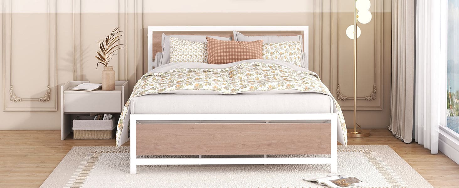 Queen Size Platform Bed, Metal and Wood Bed Frame with Headboard and Footboard , White