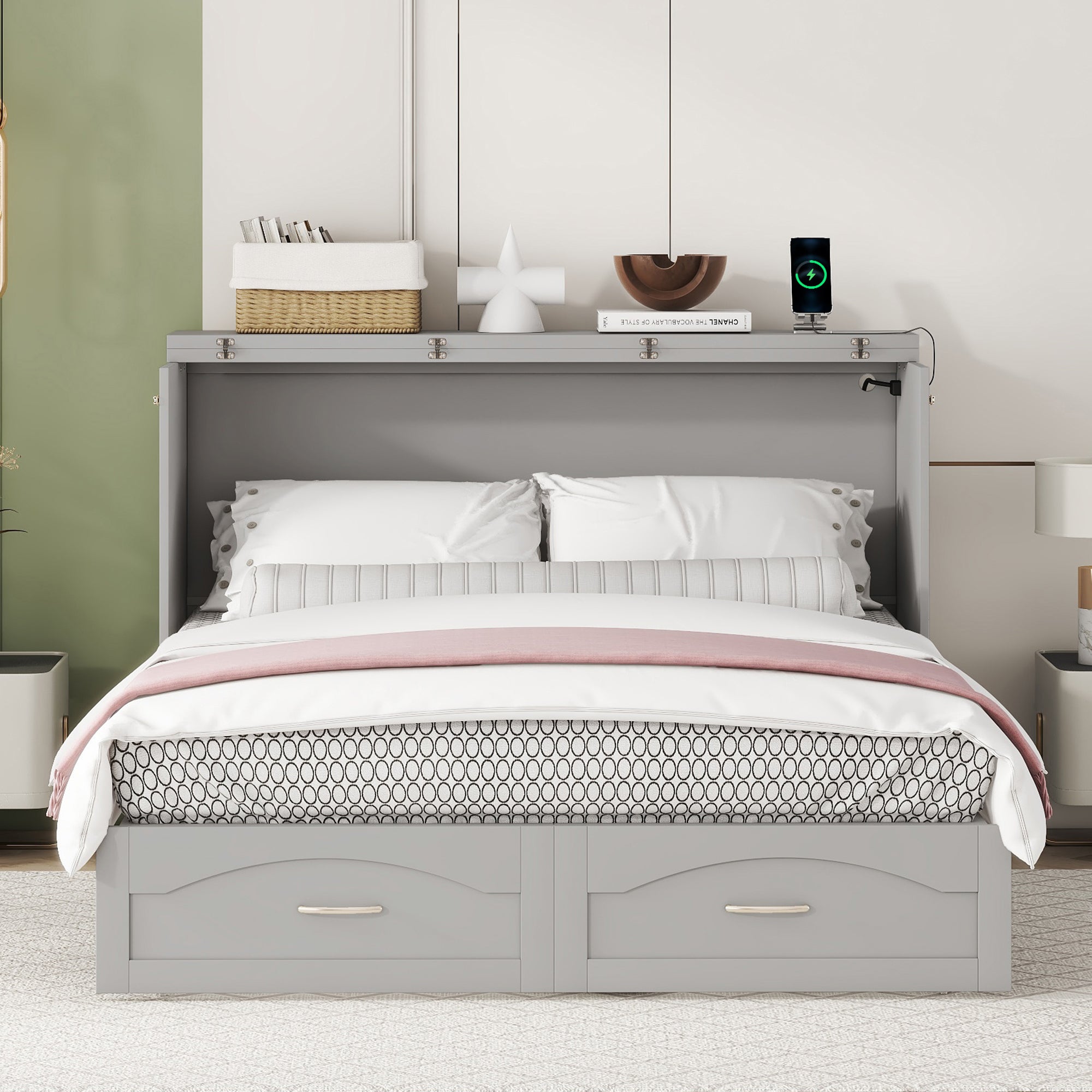 Queen Size Murphy Bed Wall Bed with drawer and a set of Sockets & USB Ports, Pulley Structure Design, Gray