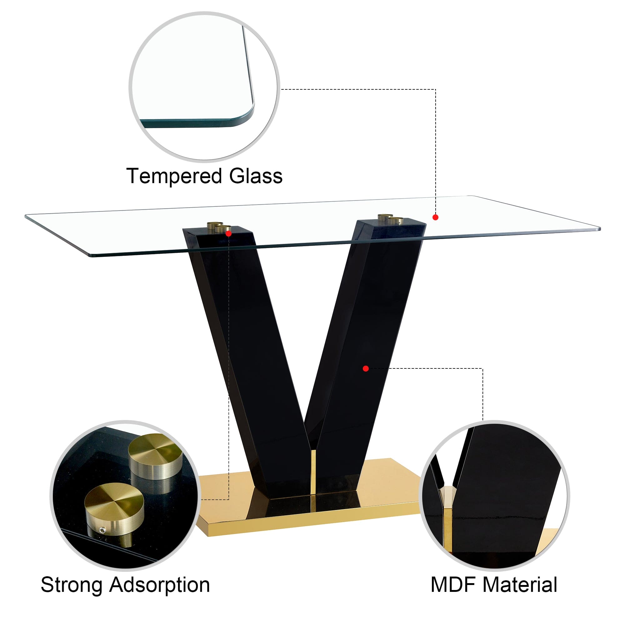 Large Modern Minimalist Rectangular Glass Dining Table for 6-8 with 0.39" Tempered Glass Tabletop and MDF slab V-Shaped Bracket,For Kitchen Dining Living Meeting Room Banquet Hall F-V-16090-TRB