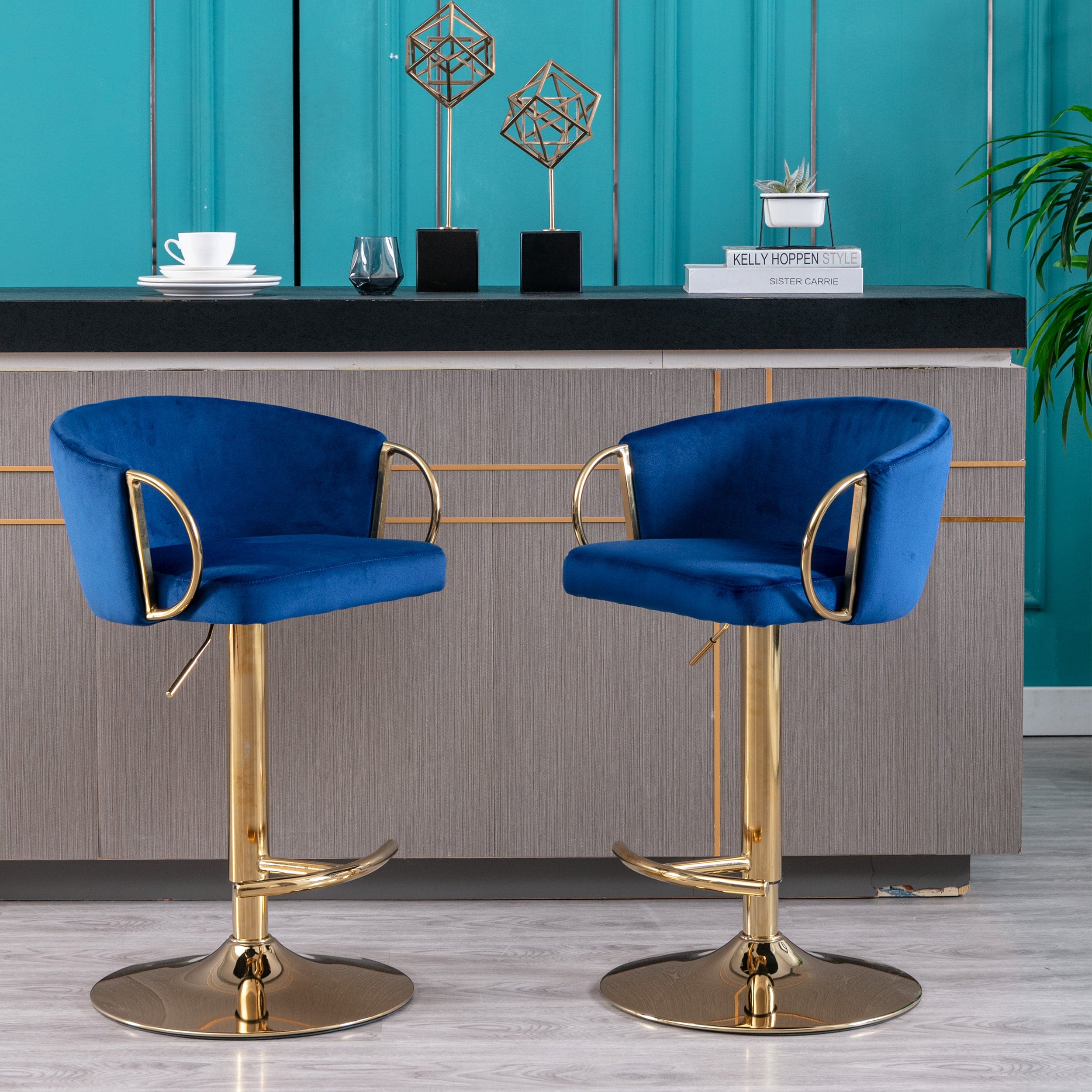 Set of 2  Bar Stools,with Chrome Footrest and Base Swivel Height Adjustable Mechanical Lifting Velvet + Golden Leg Simple Bar Stool-Navy