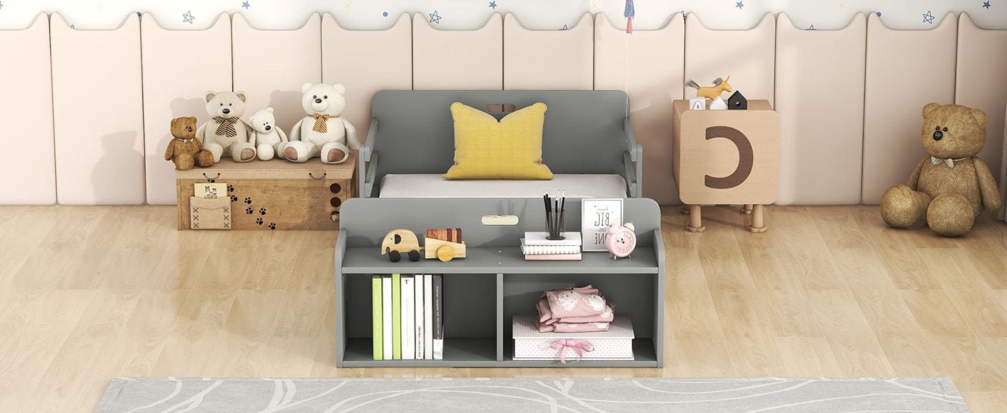 Twin Size Floor Bed with Storage Footboard and Guardrail, Grey