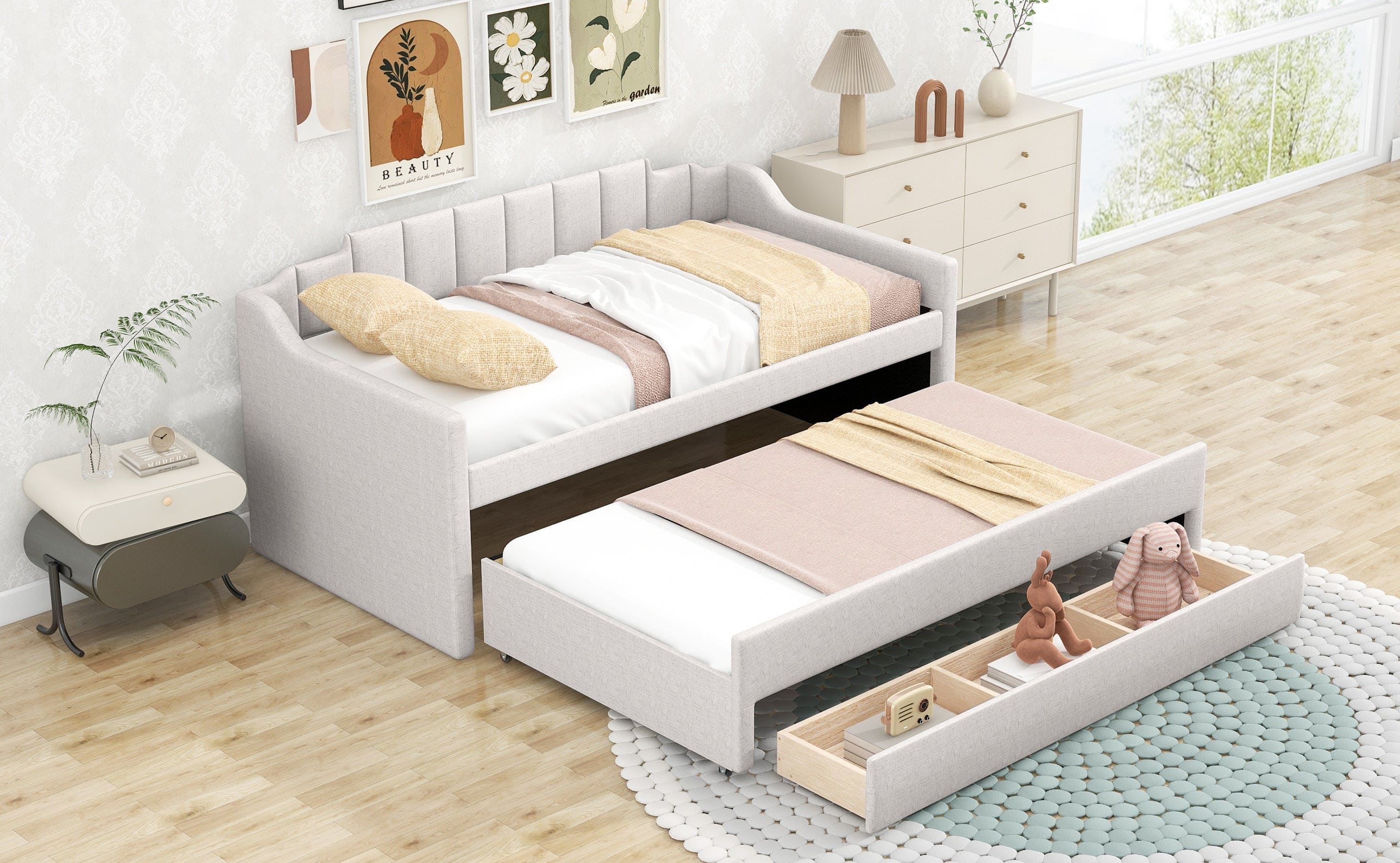 Twin Size Upholstered Daybed with Trundle and Three Drawers,Beige