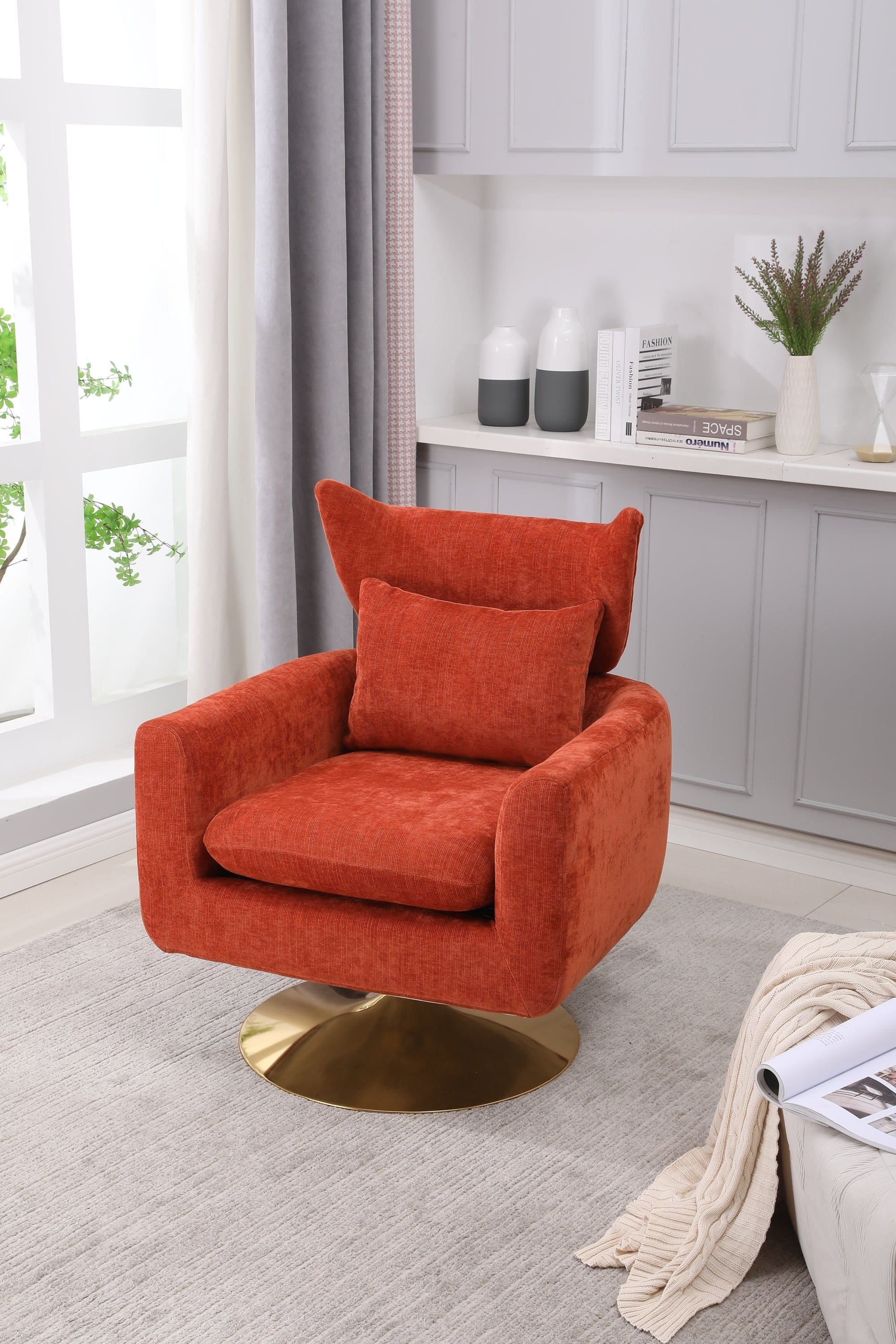 Classic Mid-Century 360-degree Swivel  Accent Chair, Orange Linen