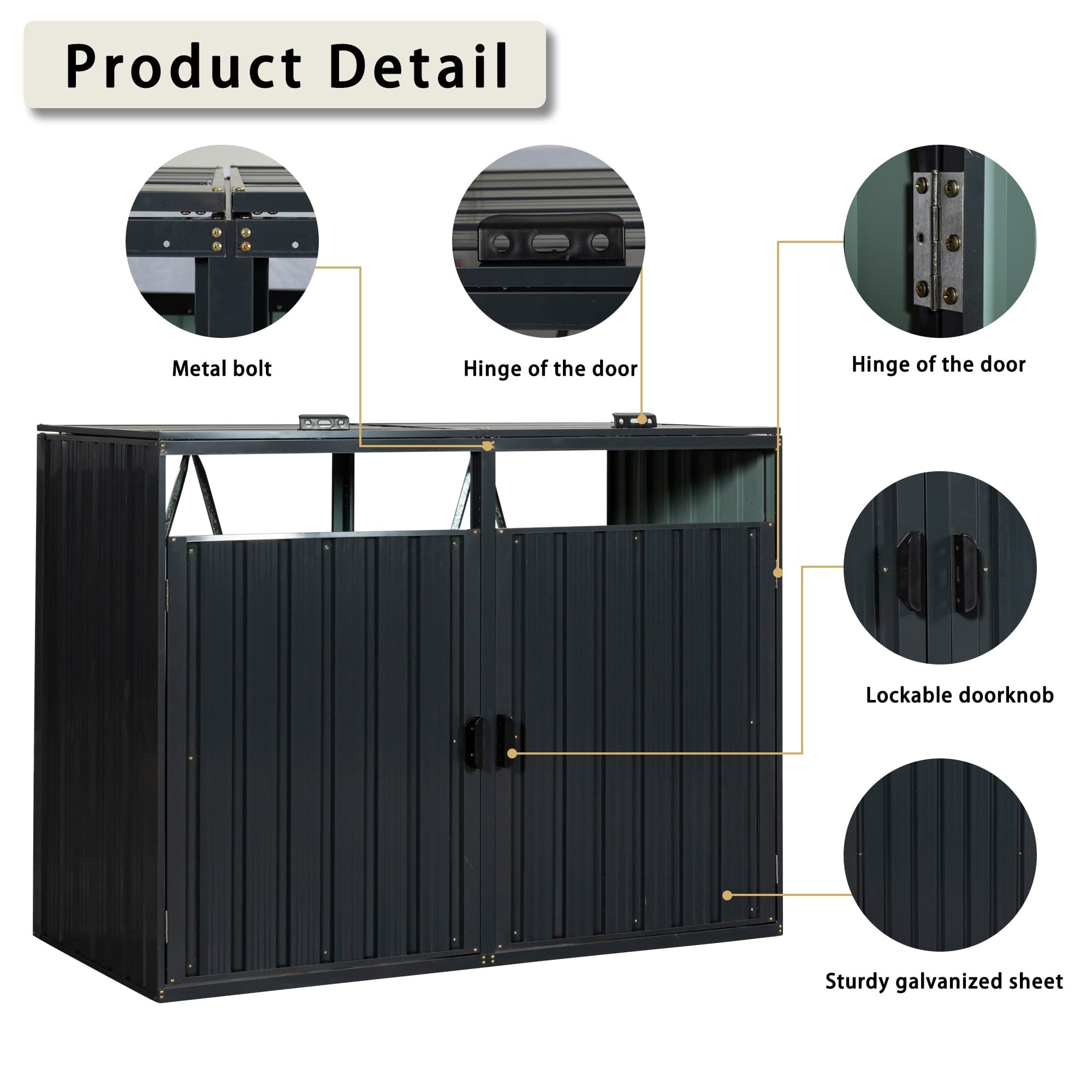 Garbage Bin Shed Stores 2 Trash Cans Metal Outdoor Bin Shed for Garbage Storage,Stainless Galvanized Steel, Bin Shed for Garden Yard Lawn