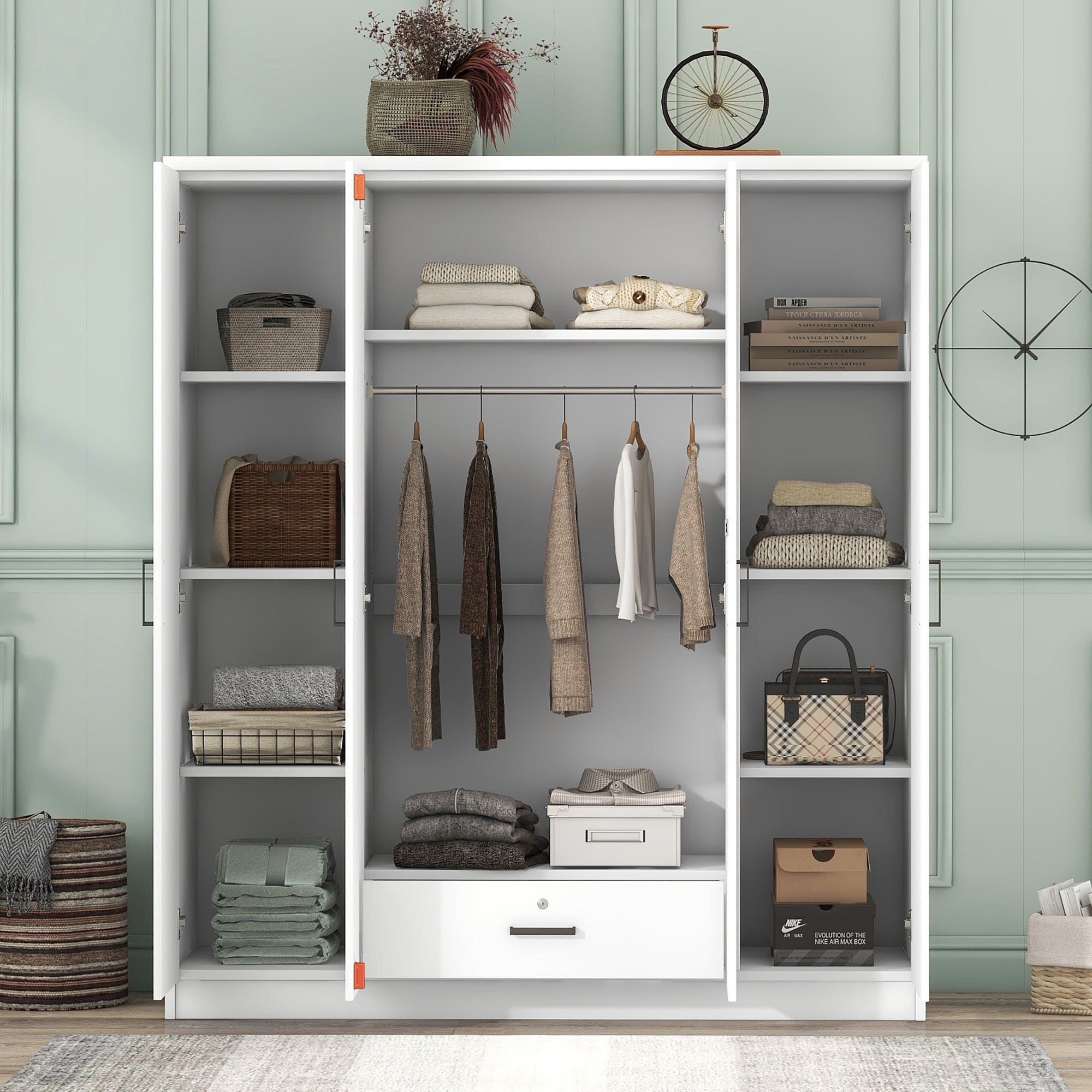 4-Door Wardrobe with 1 Drawer, White