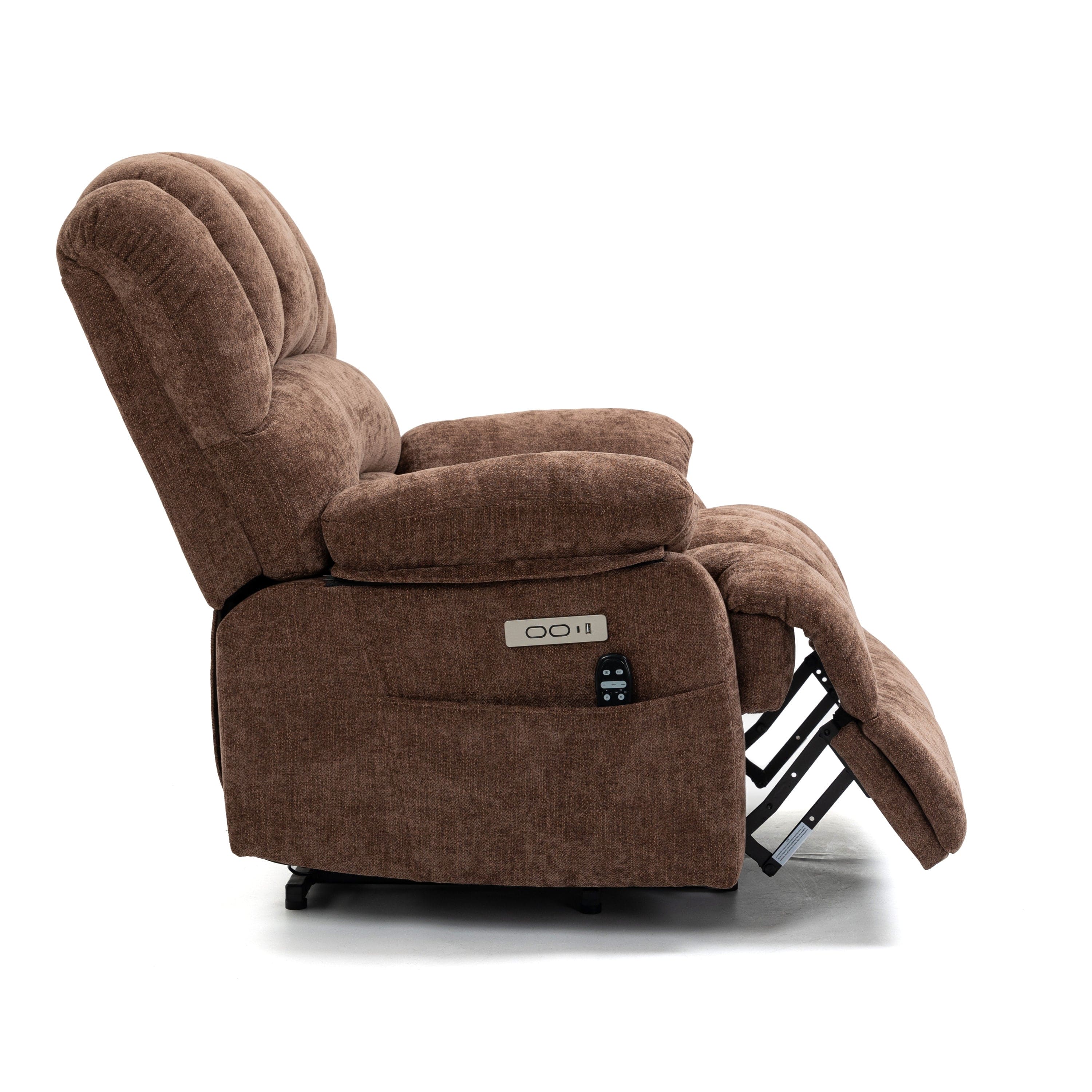 23" Seat Width and High Back Large Size Chenille Power Lift Recliner Chair with 8-Point Vibration Massage and Lumbar Heating, Brown